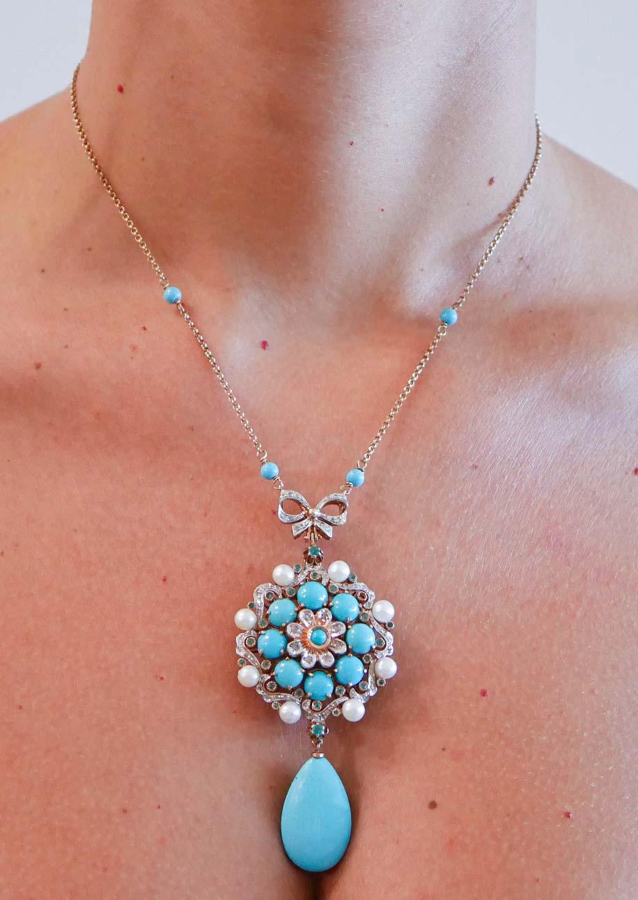 Women's Turquoise, Pearls, Emeralds, Diamonds, Rose Gold and Silver Pendant Necklace. For Sale