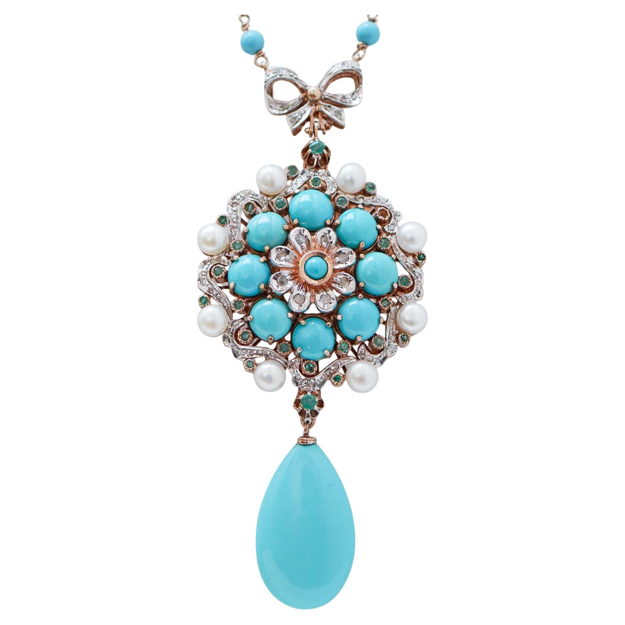 Turquoise, Pearls, Emeralds, Diamonds, Rose Gold and Silver Pendant Necklace.