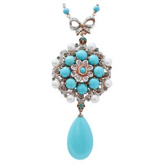 Turquoise, Pearls, Emeralds, Diamonds, Rose Gold and Silver Pendant Necklace.