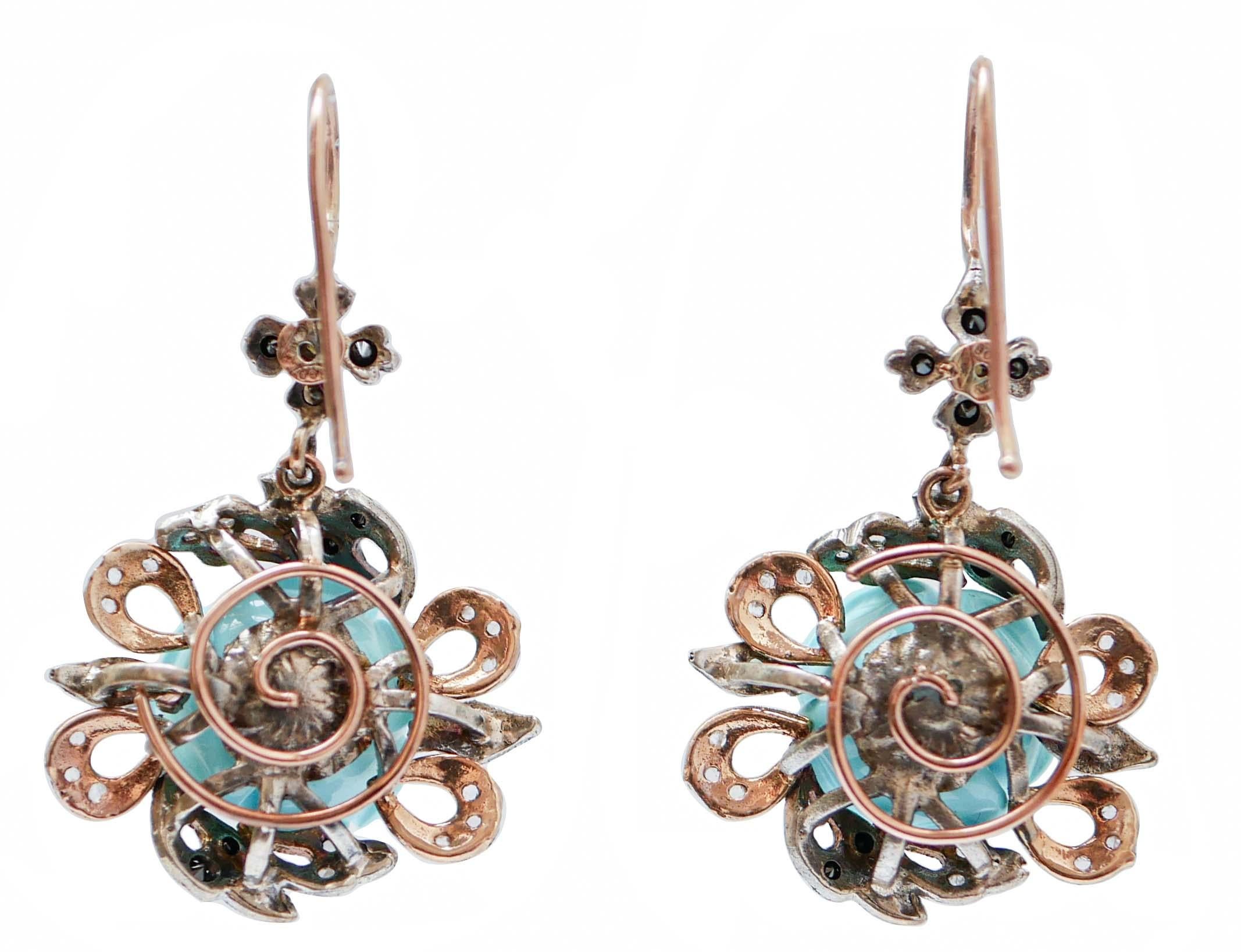 Retro Turquoise, Pearls, Emeralds, Stones, Diamonds, Rose Gold and Silver Earrings. For Sale
