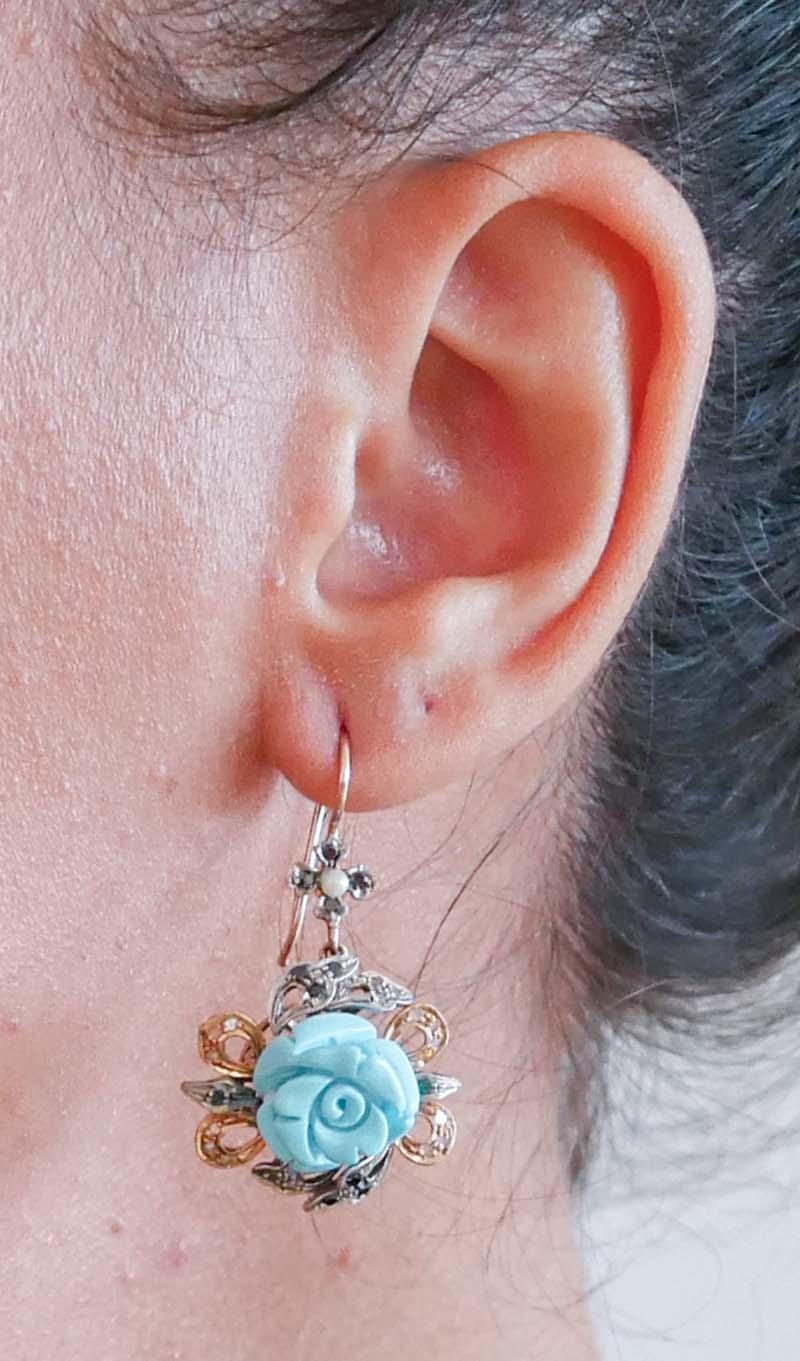 Turquoise, Pearls, Emeralds, Stones, Diamonds, Rose Gold and Silver Earrings. In Good Condition For Sale In Marcianise, Marcianise (CE)