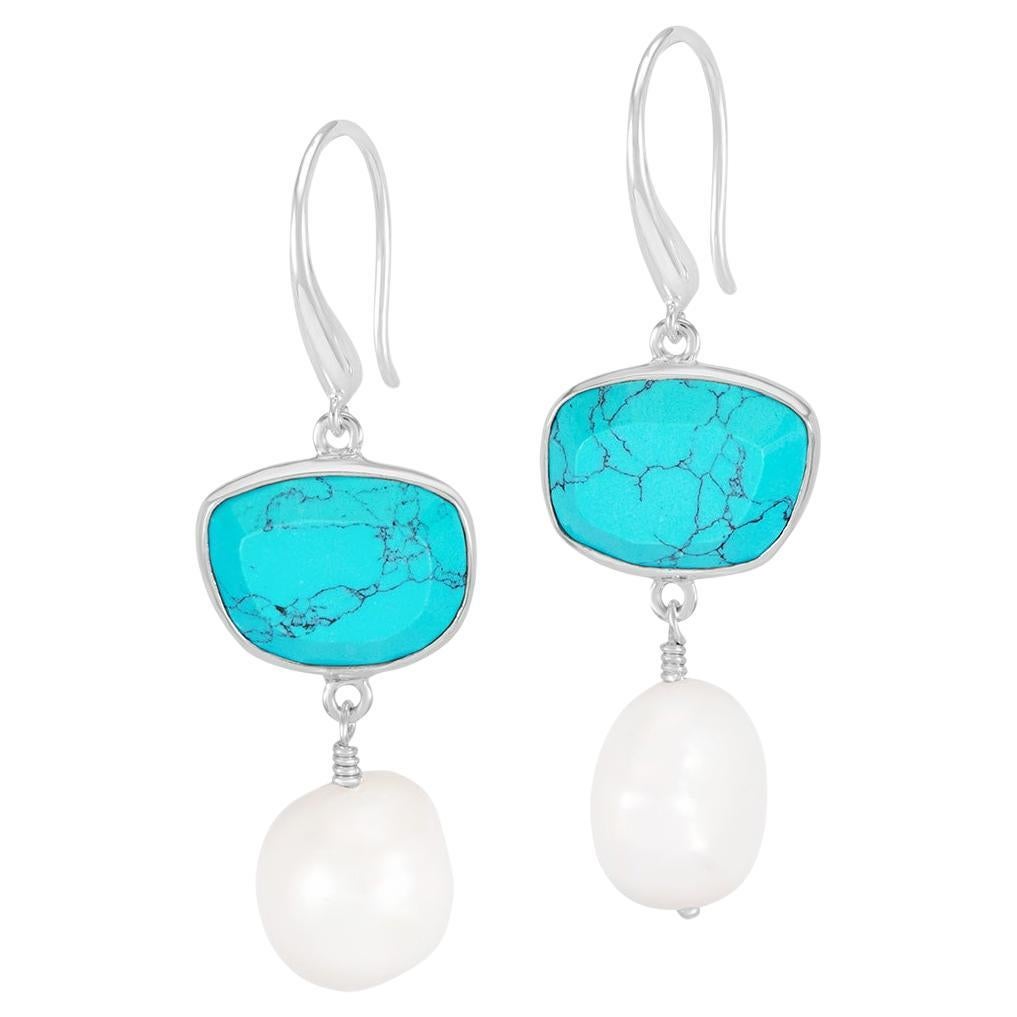 Turquoise Pebble & Pearl Drop Earrings In Sterling Silver For Sale