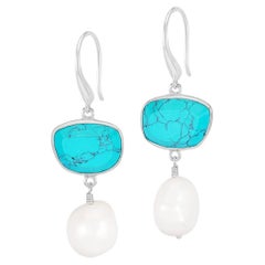 Turquoise Pebble & Pearl Drop Earrings In Sterling Silver