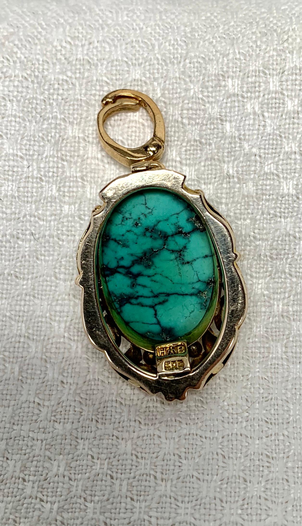 Turquoise Pendant Antique 14 Karat Gold In Good Condition In New York, NY