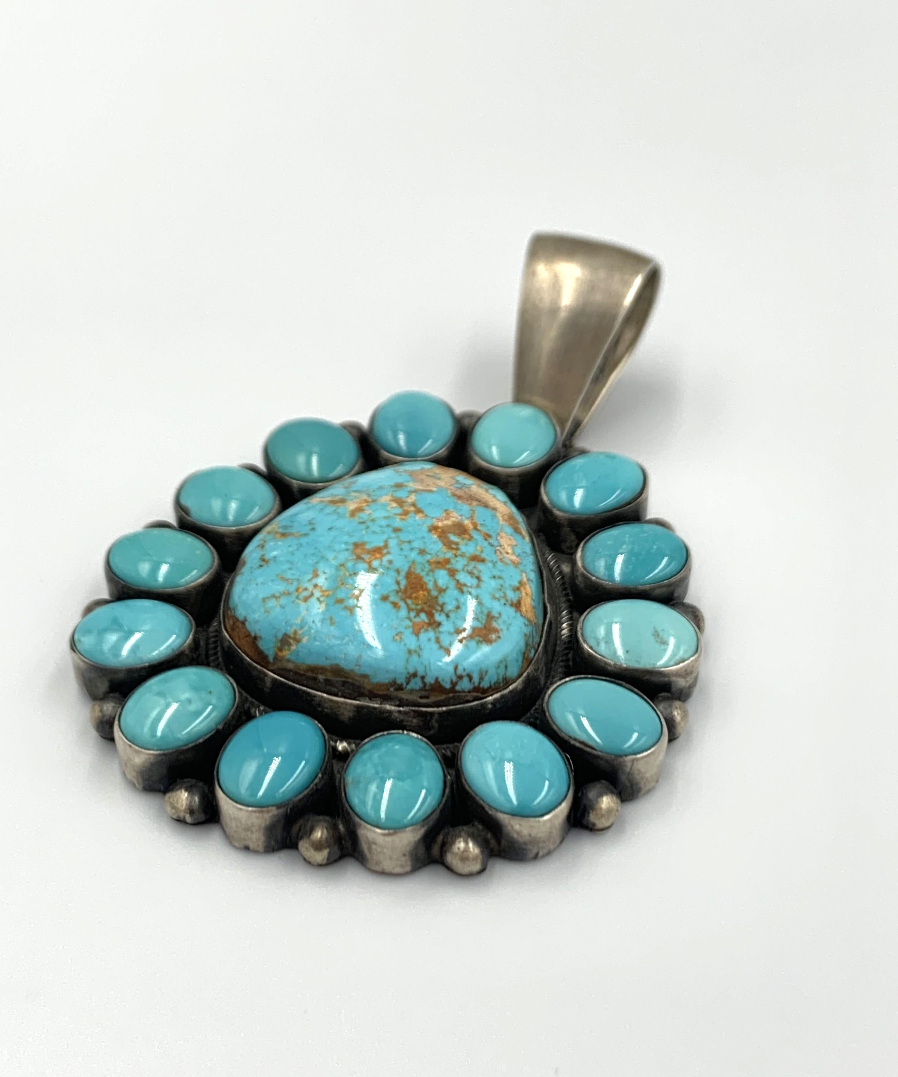 Native American Carico Lake Turquoise Pendant by Navajo Silversmith Betty Tom  For Sale