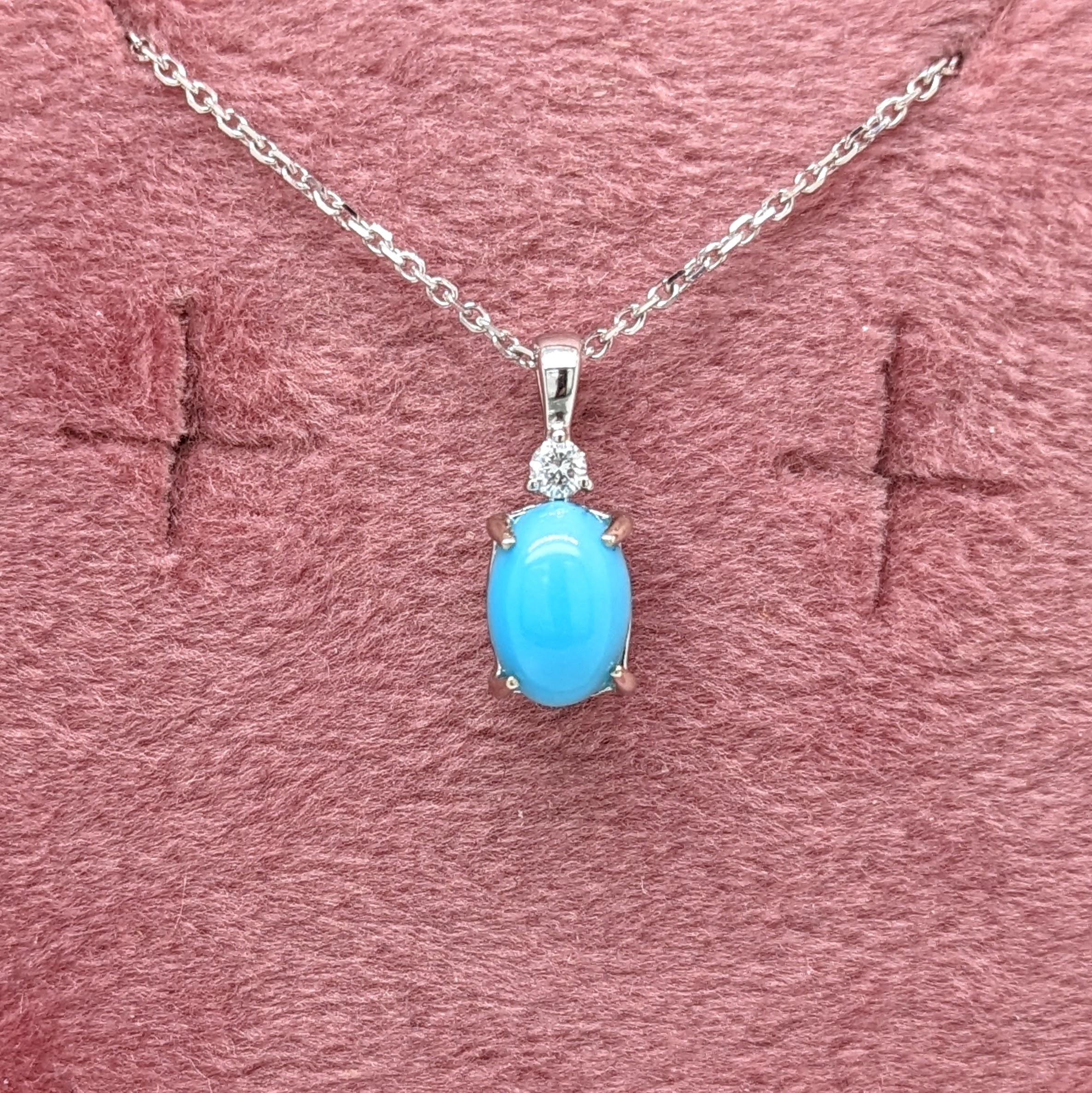 Turquoise Pendant w a Natural Diamond Accent in Solid 14K White Gold Oval 7x5mm For Sale 1
