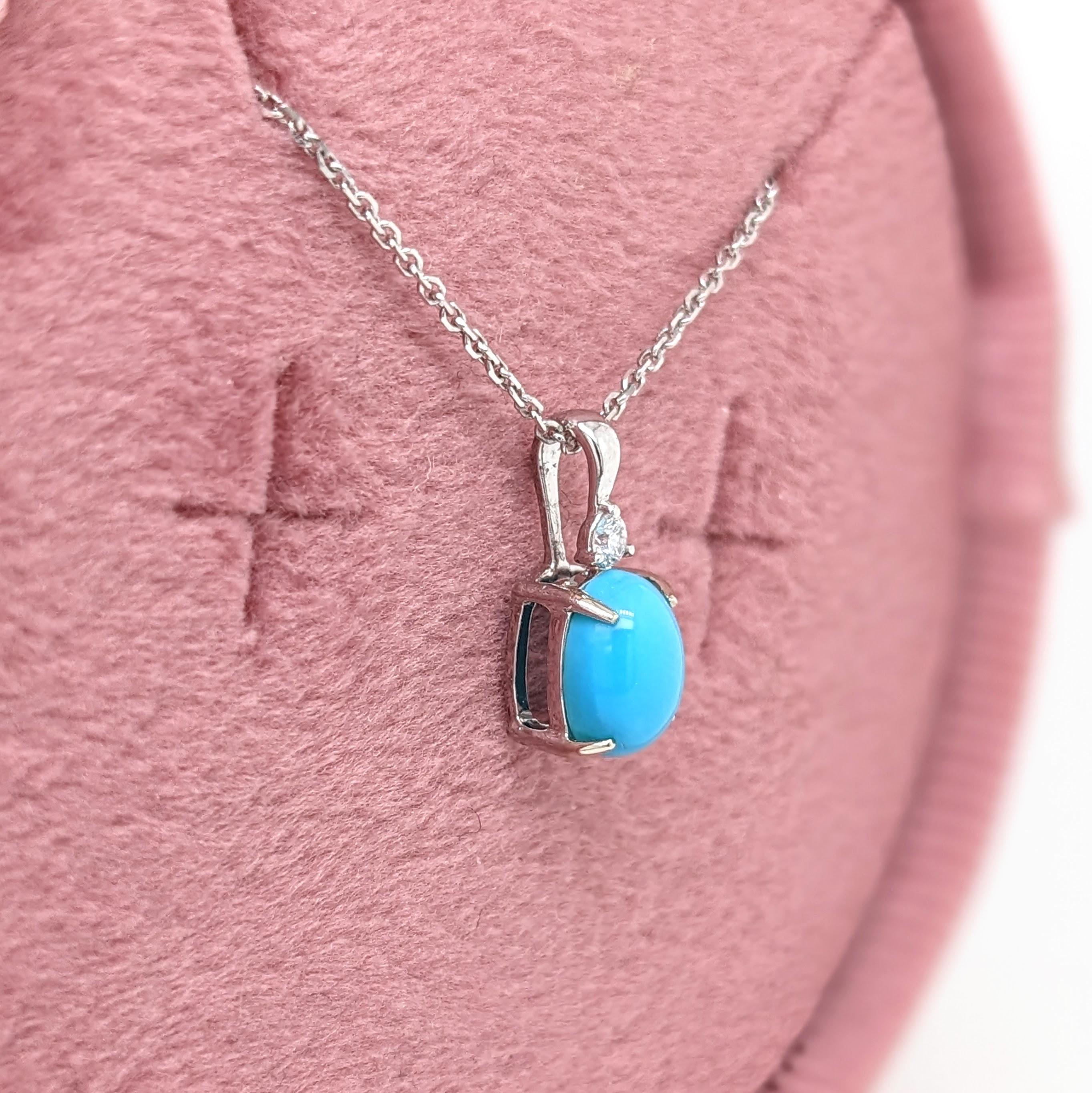 Turquoise Pendant w a Natural Diamond Accent in Solid 14K White Gold Oval 7x5mm For Sale 2