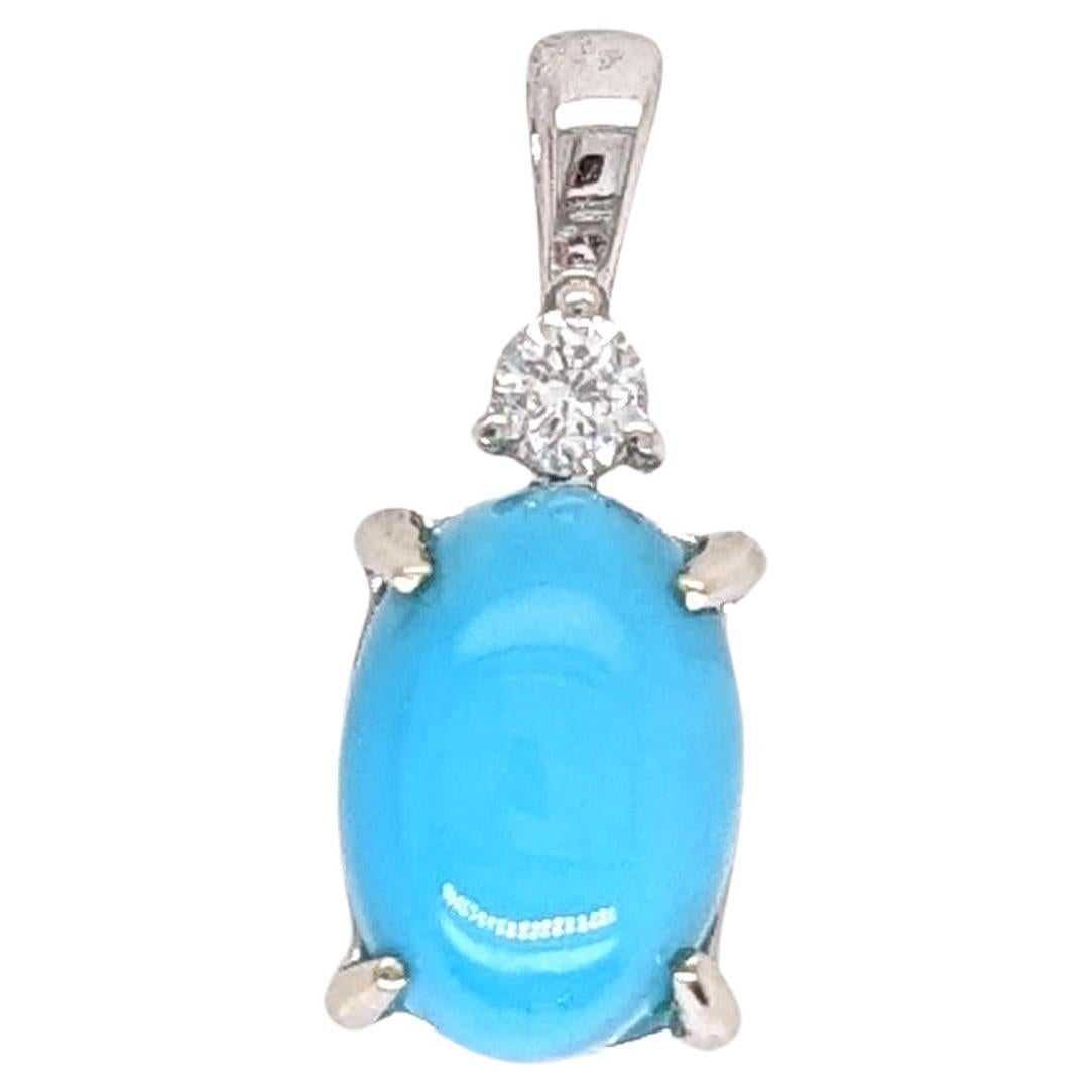 Turquoise Pendant w a Natural Diamond Accent in Solid 14K White Gold Oval 7x5mm For Sale