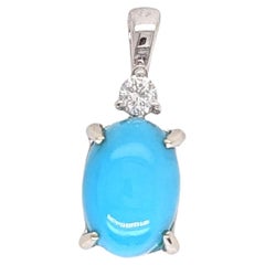 Turquoise Pendant w a Natural Diamond Accent in Solid 14K White Gold Oval 7x5mm