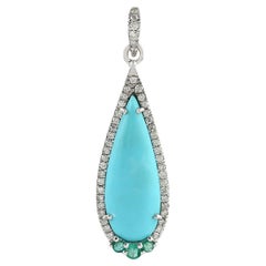 Turquoise Pendant With Emerald & Diamonds Made In 18k White Gold