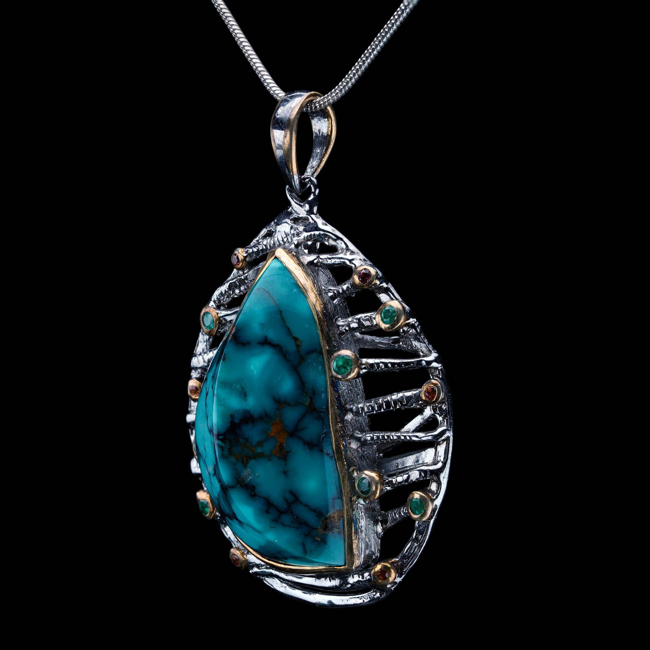 Türkis-Anhänger mit Smaragden und seltenen orangefarbenen Saphiren // Sterling Silver (Cabochon) im Angebot