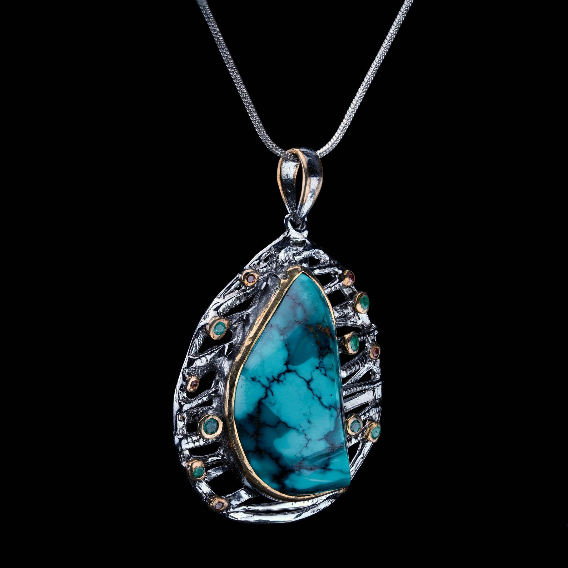 Türkis-Anhänger mit Smaragden und seltenen orangefarbenen Saphiren // Sterling Silver im Zustand „Neu“ im Angebot in New York, NY