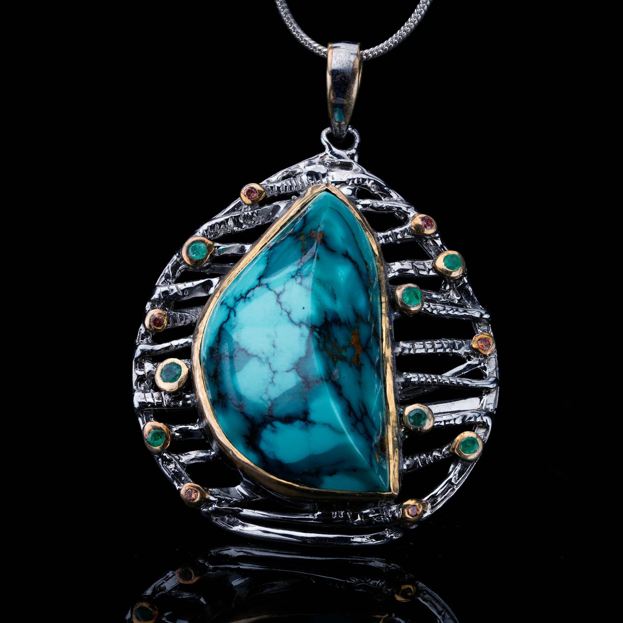Türkis-Anhänger mit Smaragden und seltenen orangefarbenen Saphiren // Sterling Silver für Damen oder Herren im Angebot