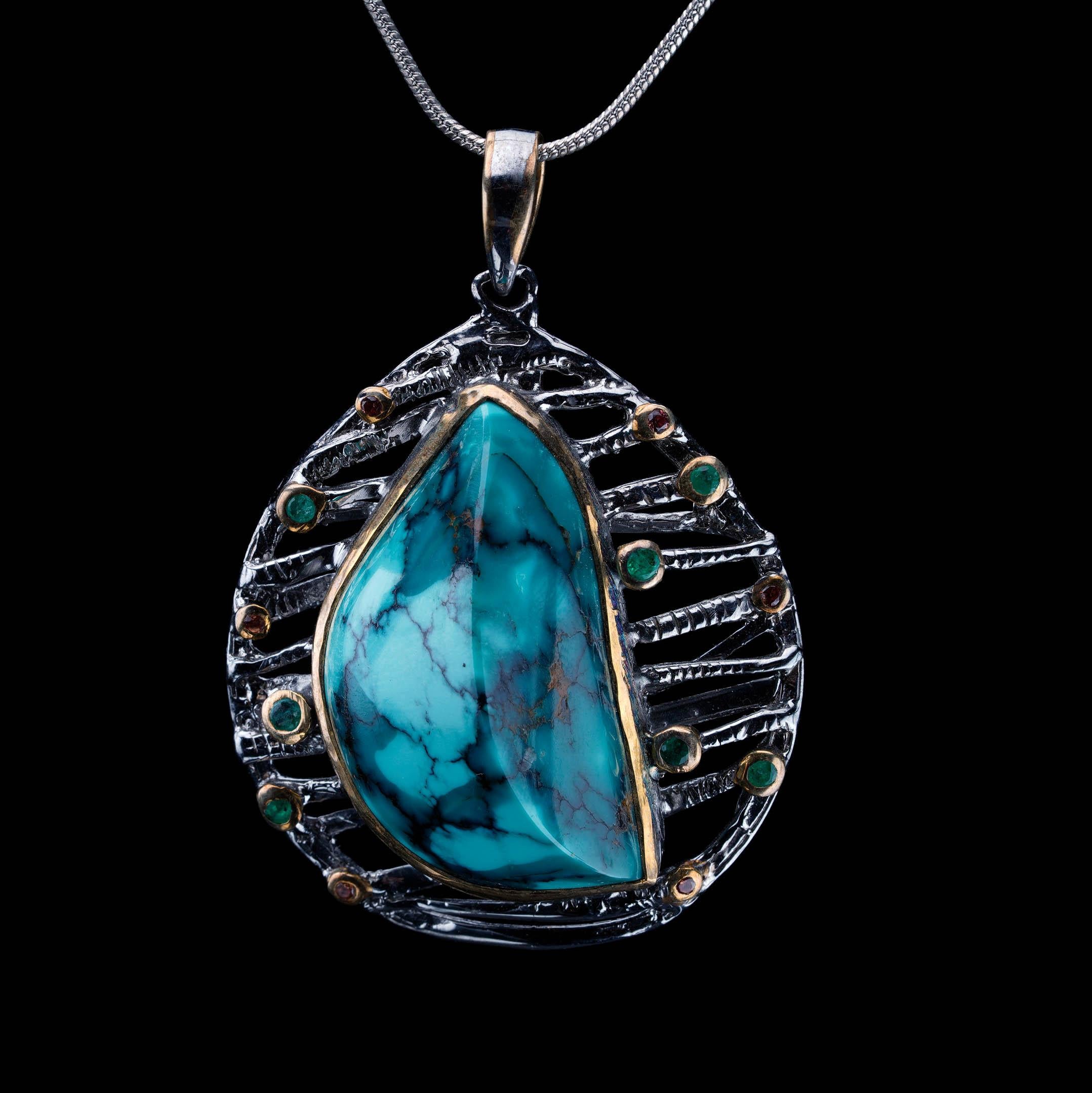 Türkis-Anhänger mit Smaragden und seltenen orangefarbenen Saphiren // Sterling Silver im Angebot 1