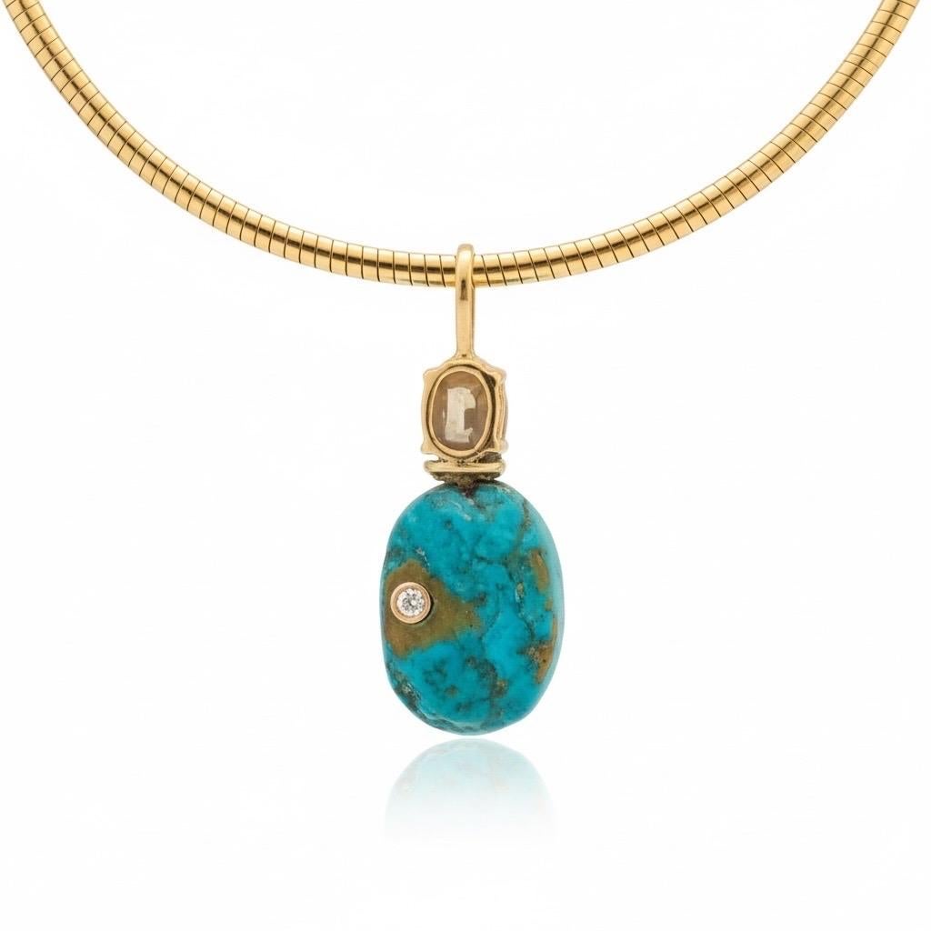Turquoise Pendant with Emeralds, (hidden) Diamond and 14k Gold im Angebot 6