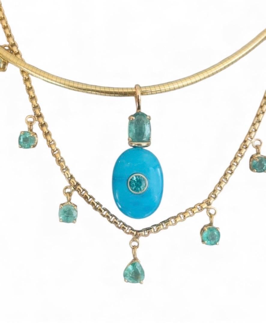 Turquoise Pendant with Emeralds, (hidden) Diamond and 14k Gold im Angebot 9