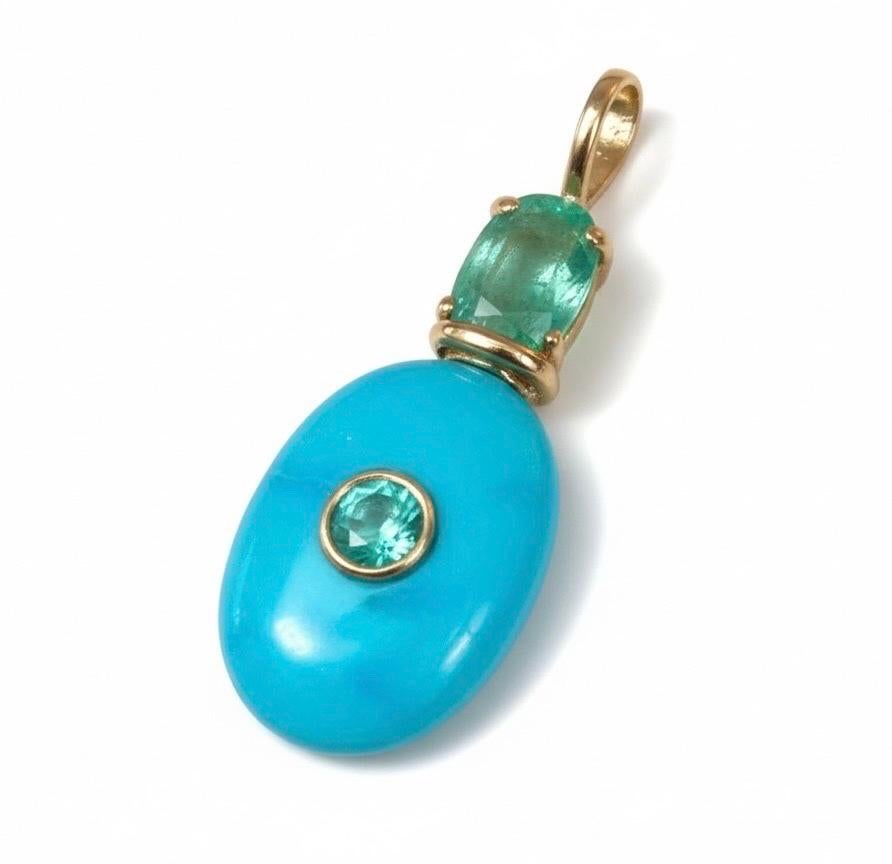 Turquoise Pendant with Emeralds, (hidden) Diamond and 14k Gold im Zustand „Neu“ im Angebot in New York, NY