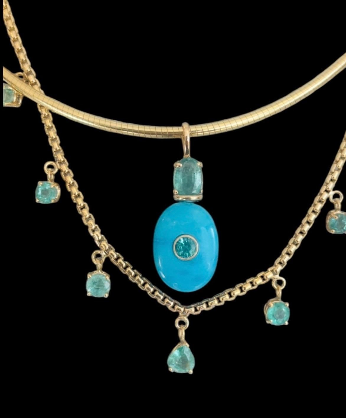Turquoise Pendant with Emeralds, (hidden) Diamond and 14k Gold für Damen oder Herren im Angebot