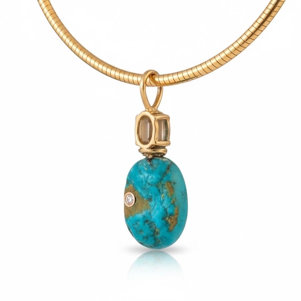 Turquoise Pendant with Emeralds, (hidden) Diamond and 14k Gold im Angebot 1