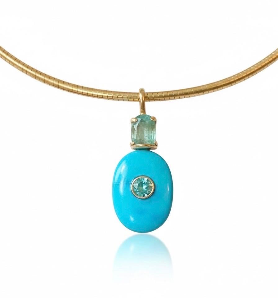 Turquoise Pendant with Emeralds, (hidden) Diamond and 14k Gold im Angebot 2