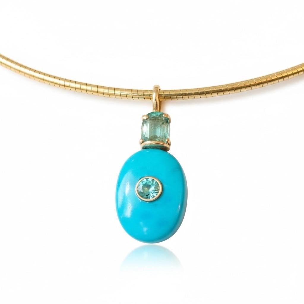 Turquoise Pendant with Emeralds, (hidden) Diamond and 14k Gold im Angebot 4