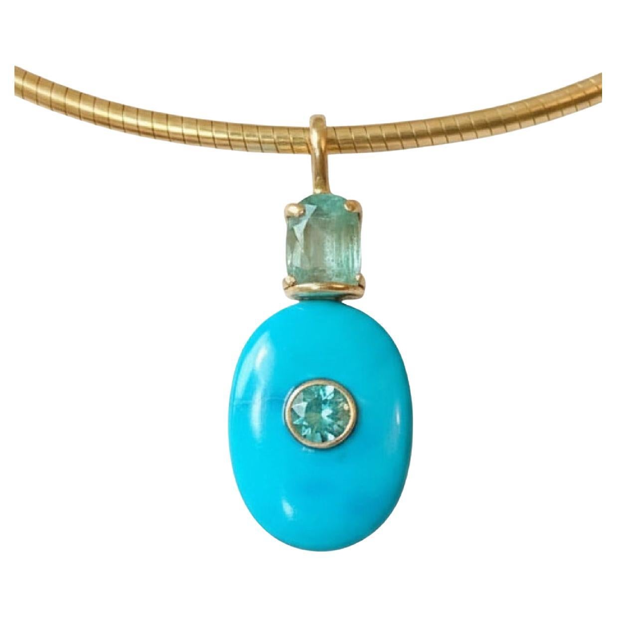 Turquoise Pendant with Emeralds, (hidden) Diamond and 14k Gold
