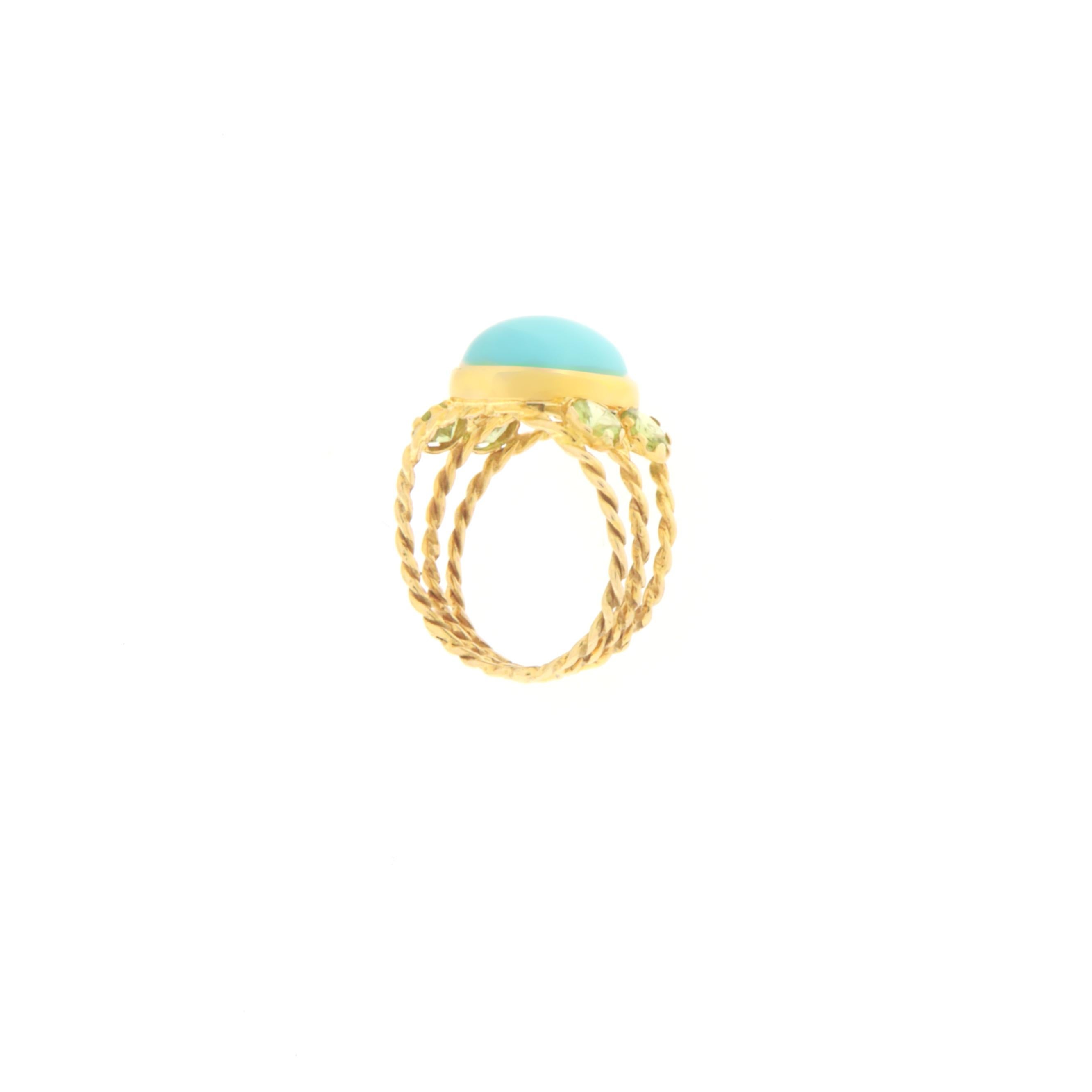 Turquoise Peridot 14 Karat Yellow Gold Cocktail Ring In New Condition In Marcianise, IT