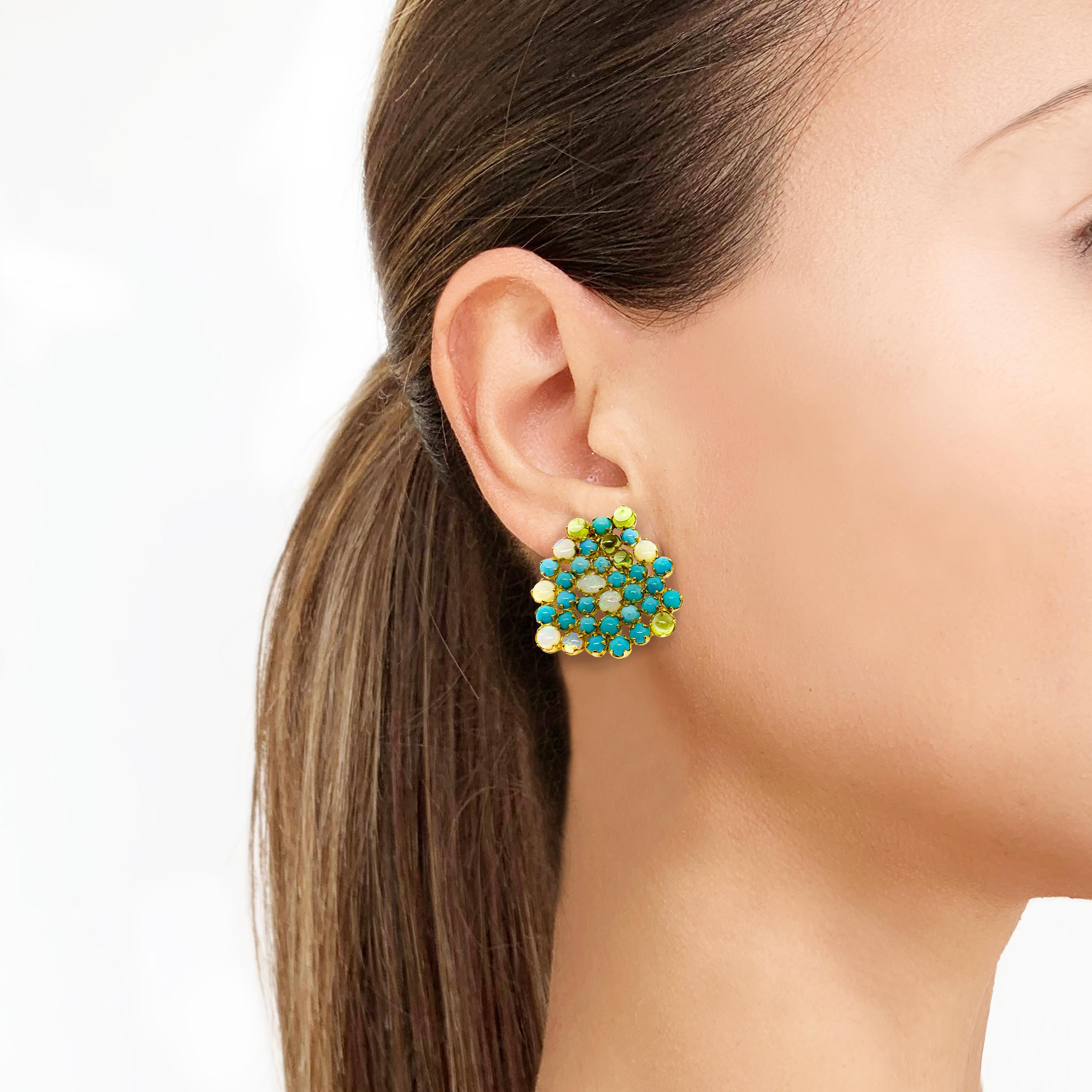 Cabochon Turquoise, Peridot and Opal Contemporary Earrings in Yellow Gold