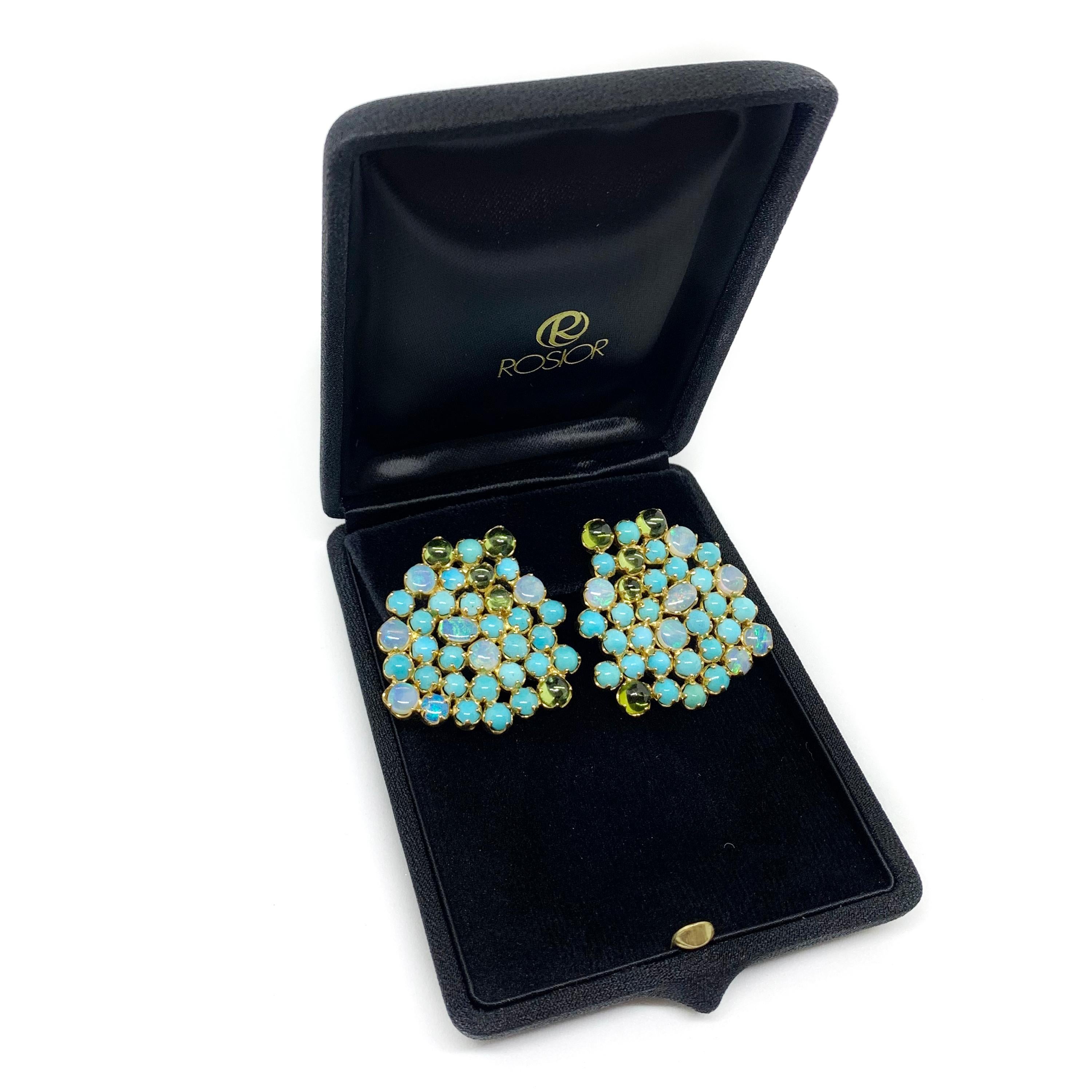Turquoise, Peridot and Opal Contemporary Earrings in Yellow Gold In New Condition In Porto, PT