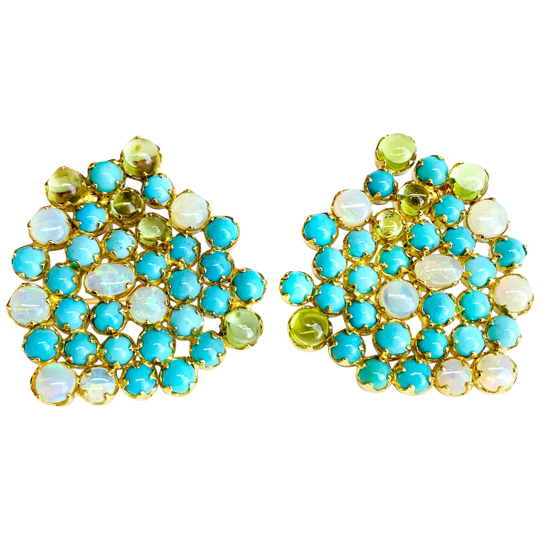Turquoise, Peridot and Opal Contemporary Earrings in Yellow Gold