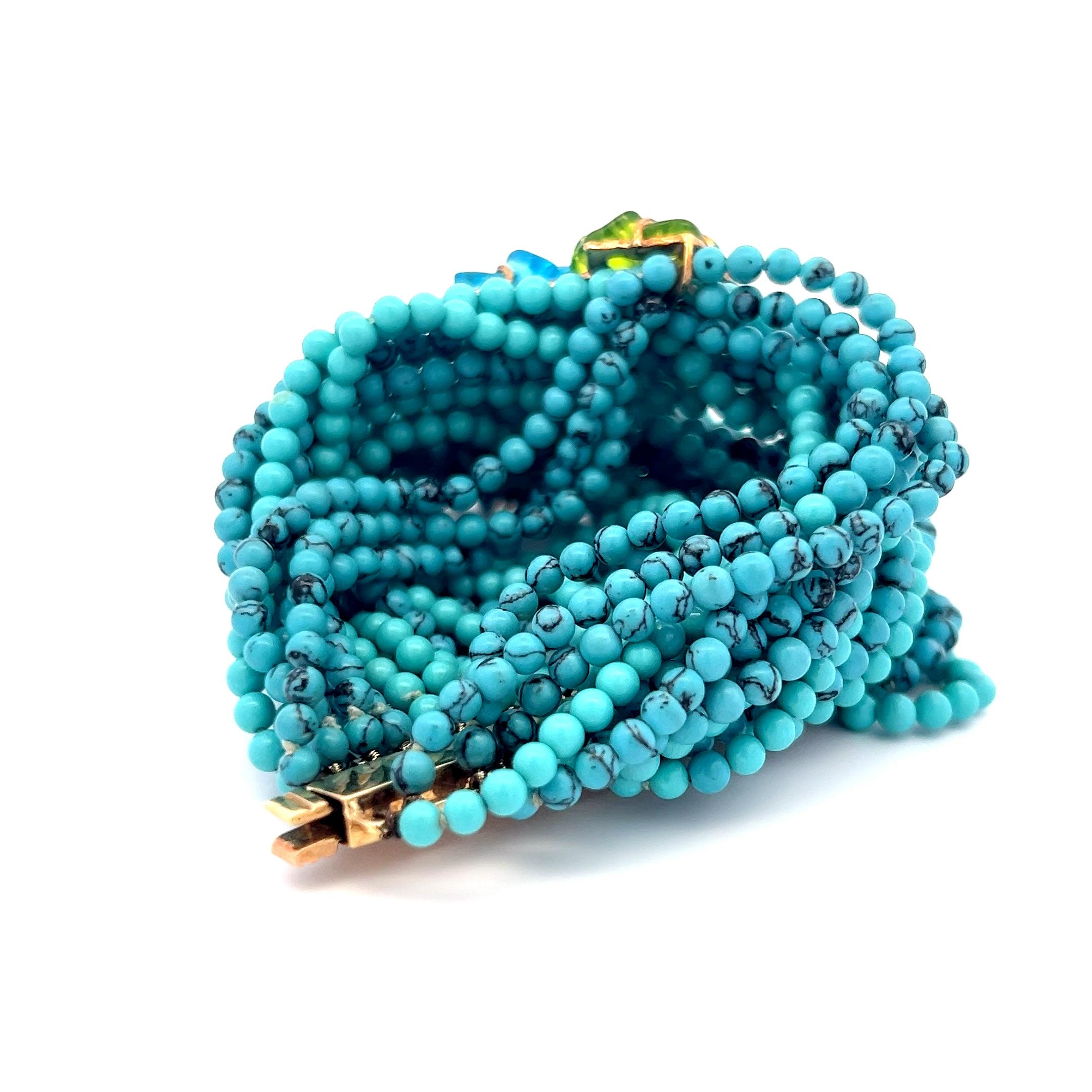 Türkis Peridot Aqua Diamant 18 Karat Gelbgold Perlenarmband (Rundschliff) im Angebot