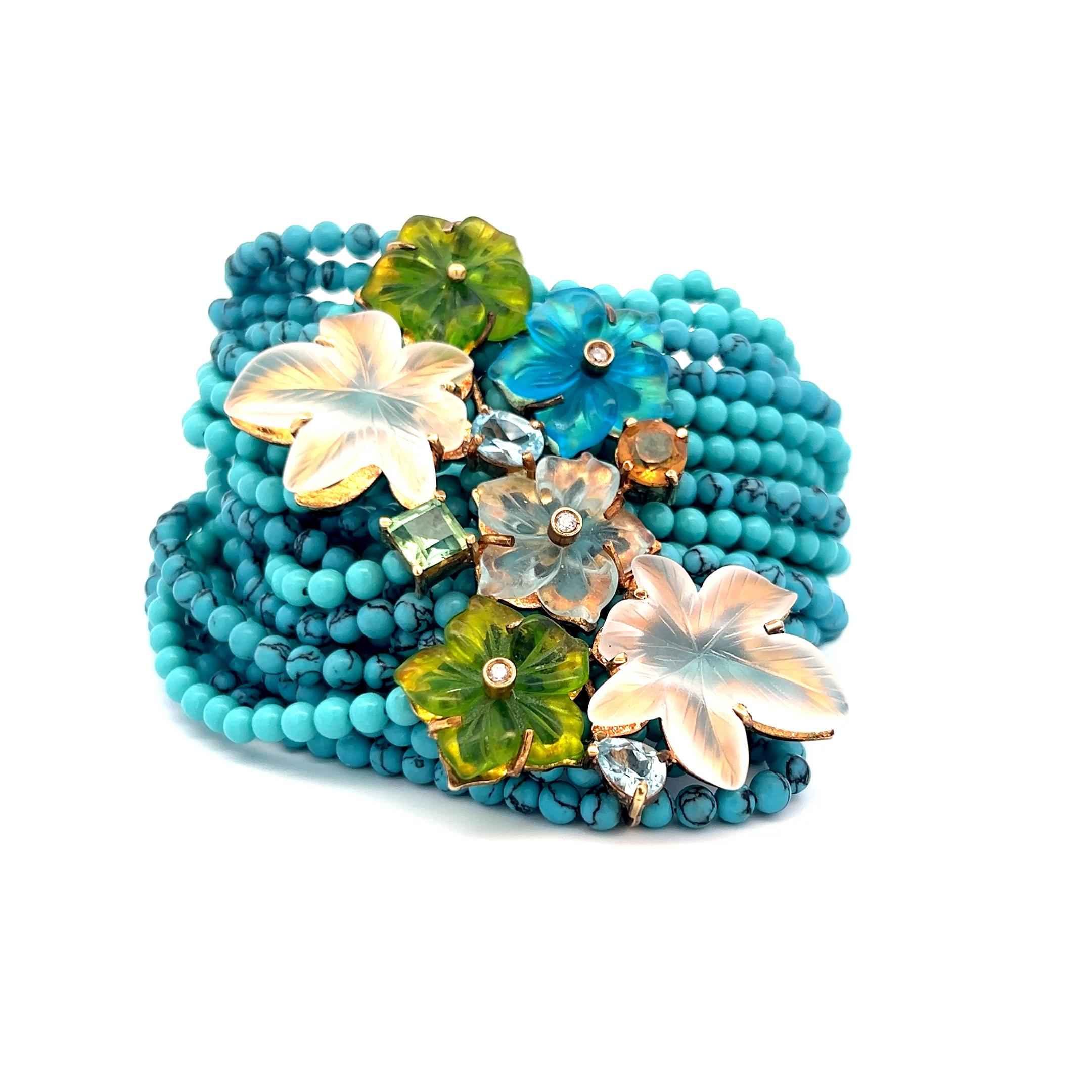Türkis Peridot Aqua Diamant 18 Karat Gelbgold Perlenarmband Damen im Angebot