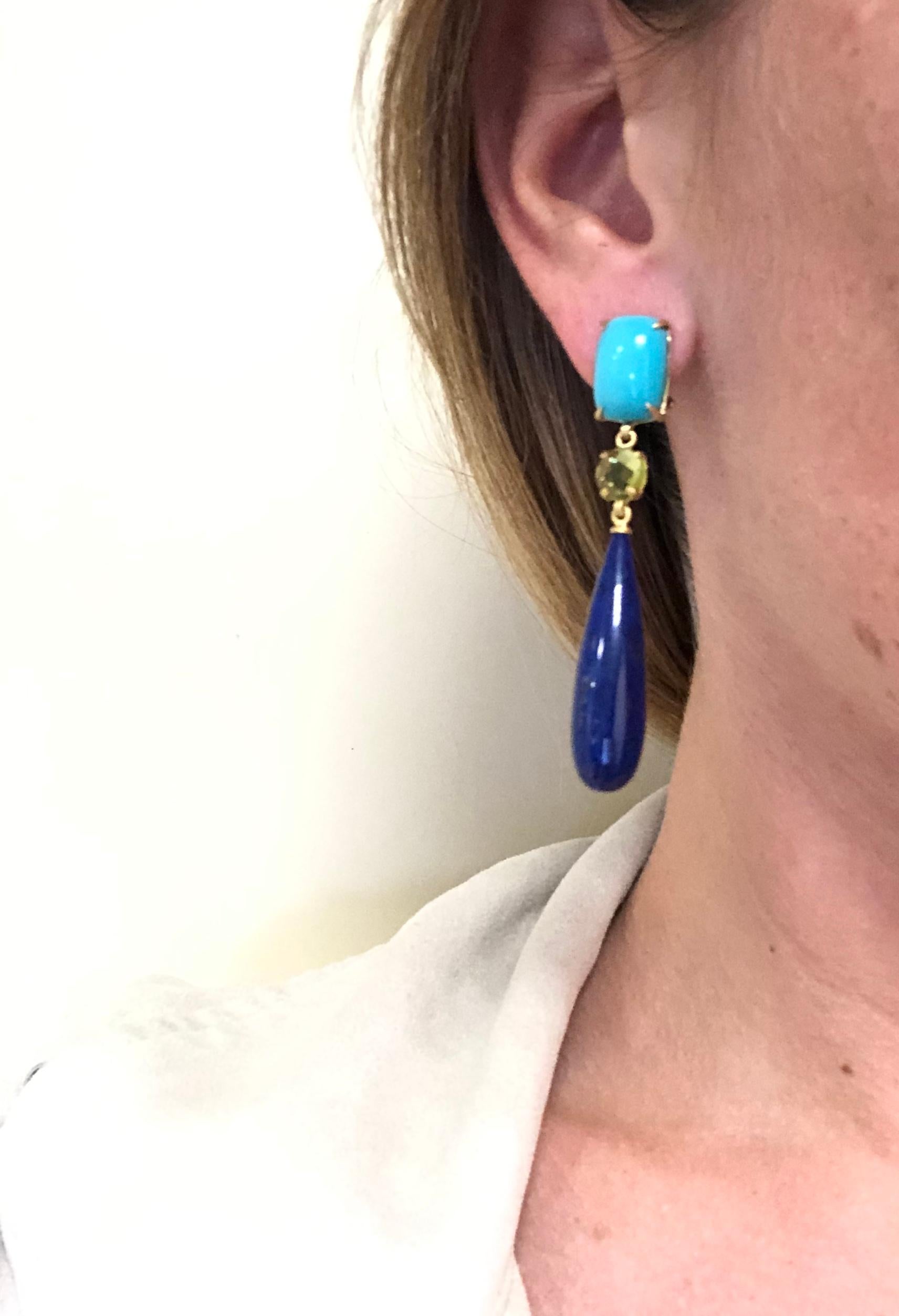 Turquoise, Peridot, Lapis Lazuli on Yellow Gold 18 Karat Chandelier Earrings 1