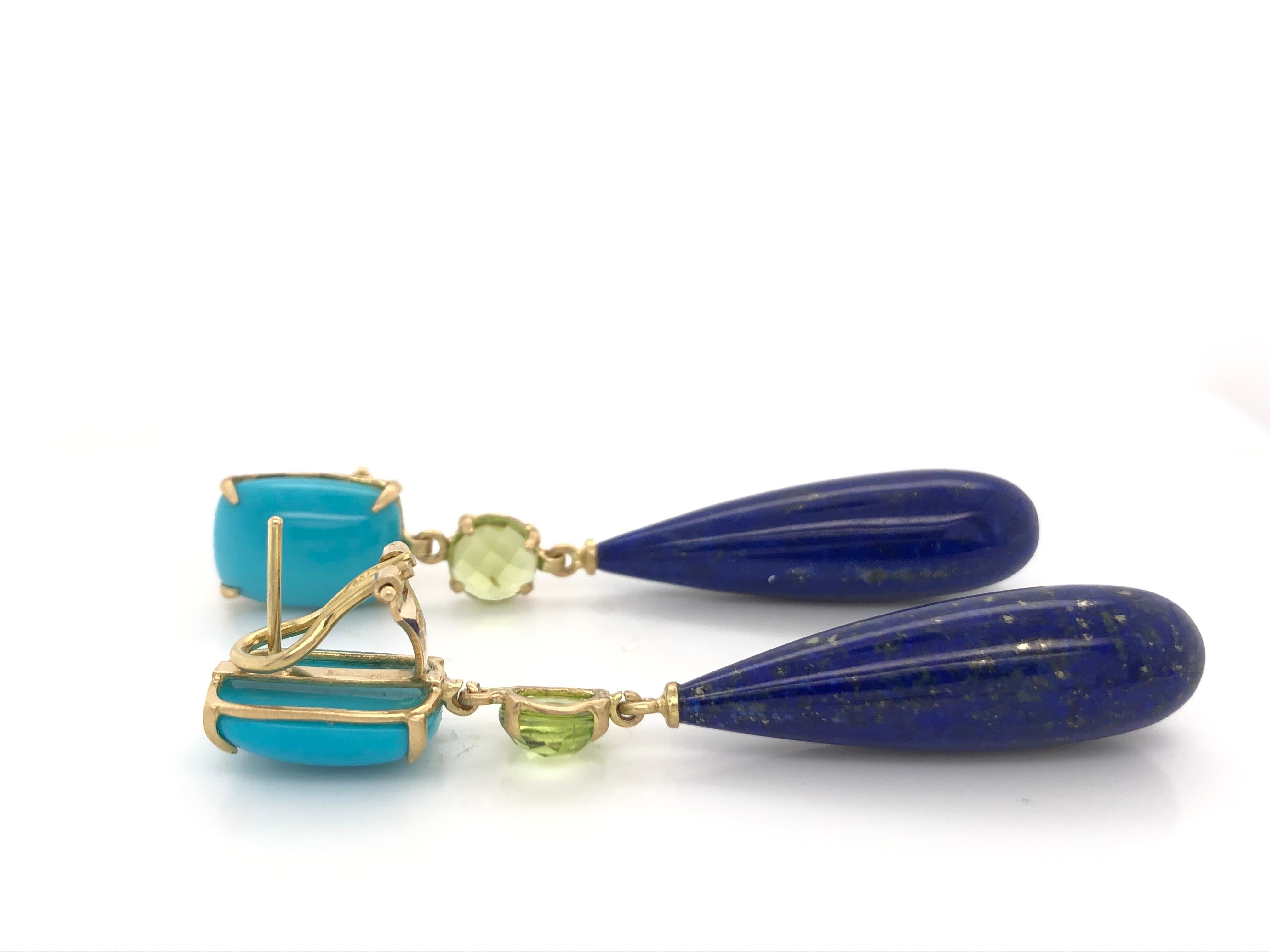 Turquoise, Peridot, Lapis Lazuli On Yellow Gold 18 k Chandelier Earrings 
2 Turquoise Cabochon shape 
2 Peridot Facet Round Shape 
2 Lapis Lazuli Drop Shape 
Yellow Gold 18 k 
Two Types Of Clasp (Spike and Clips)