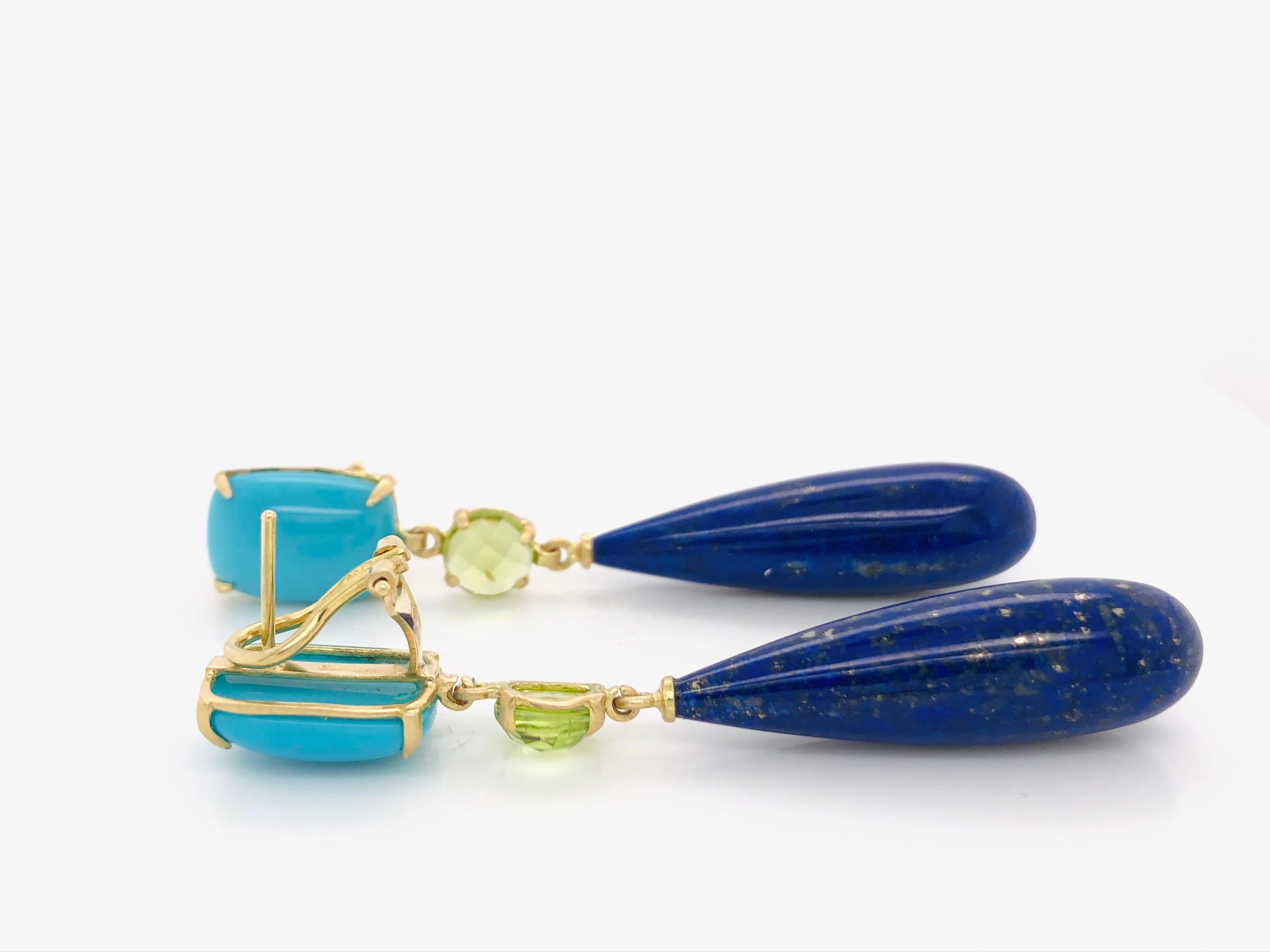 Contemporary Turquoise, Peridot, Lapis Lazuli on Yellow Gold 18 Karat Chandelier Earrings
