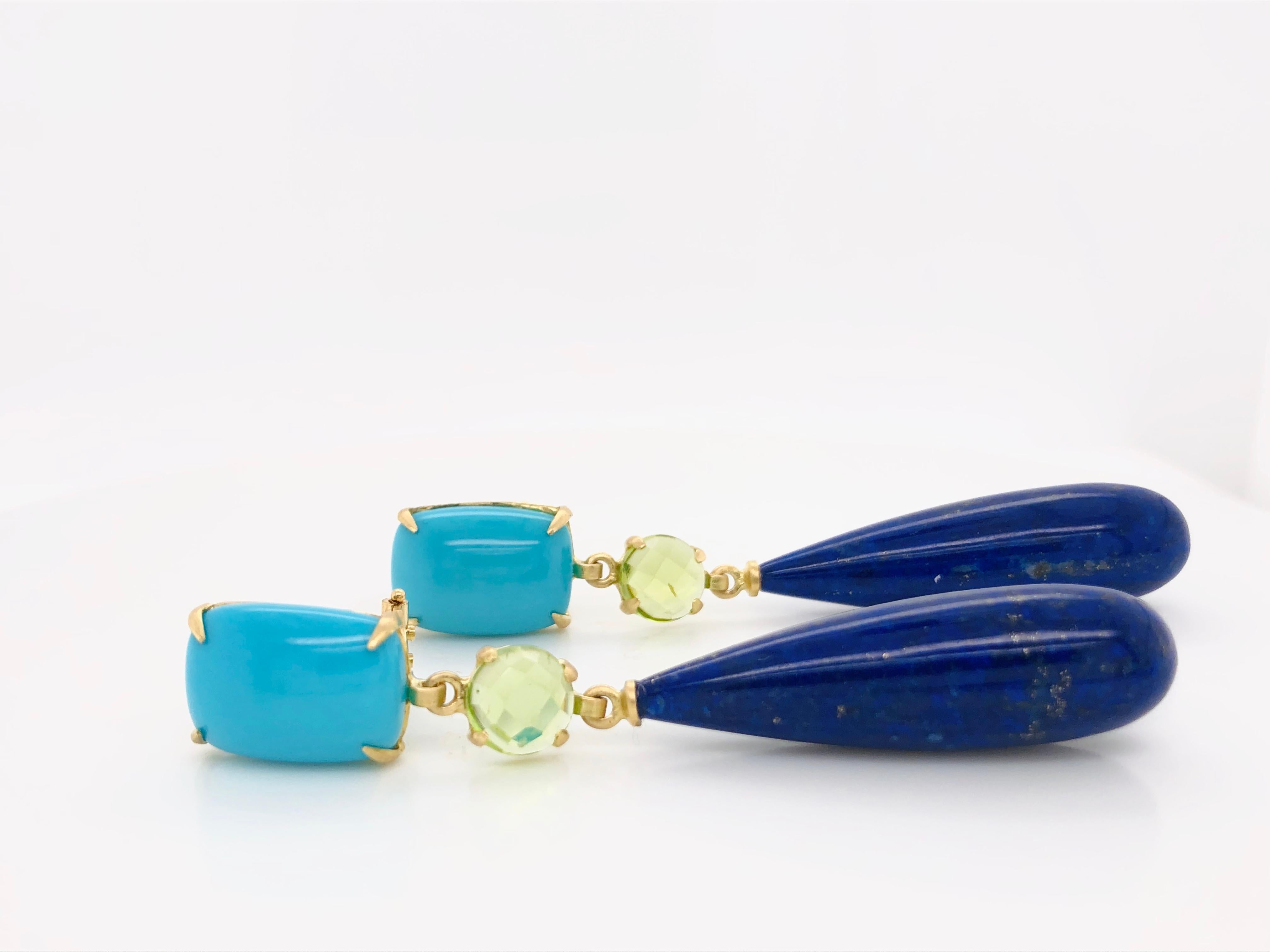 Cabochon Turquoise, Peridot, Lapis Lazuli on Yellow Gold 18 Karat Chandelier Earrings