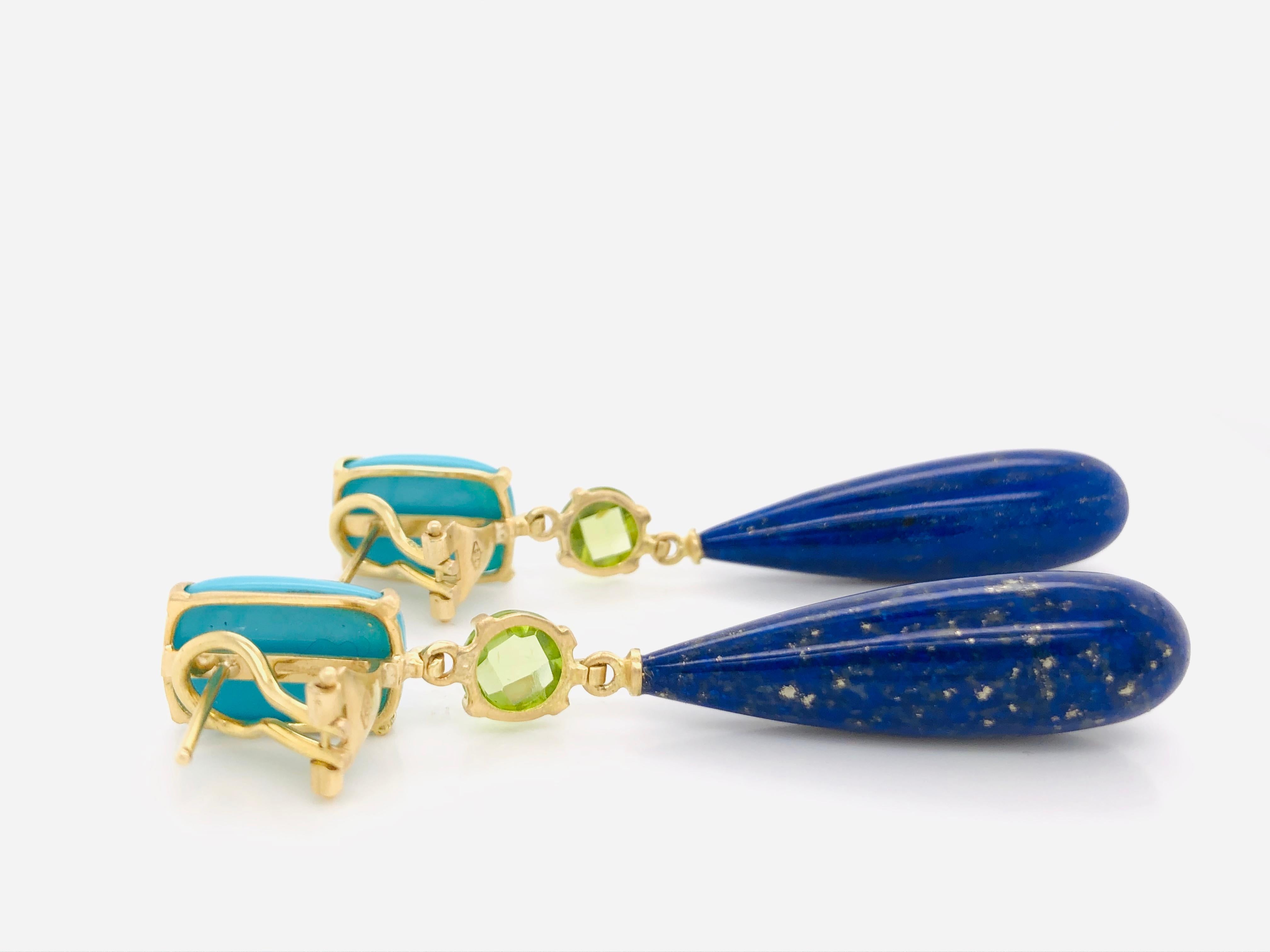 Turquoise, Peridot, Lapis Lazuli on Yellow Gold 18 Karat Chandelier Earrings In New Condition In Vannes, FR