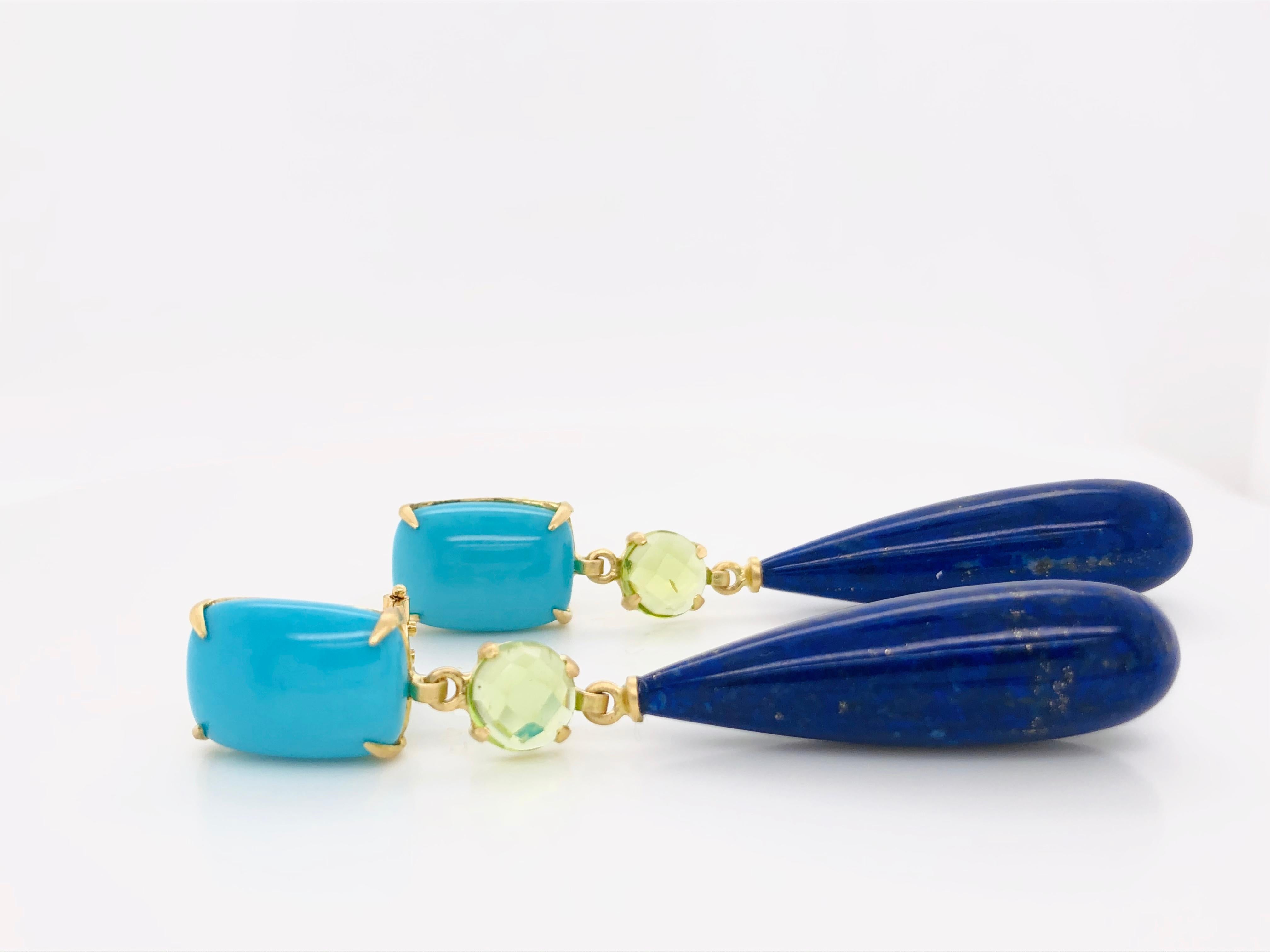 Women's Turquoise, Peridot, Lapis Lazuli on Yellow Gold 18 Karat Chandelier Earrings