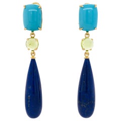 Turquoise, Peridot, Lapis Lazuli on Yellow Gold 18 Karat Chandelier Earrings