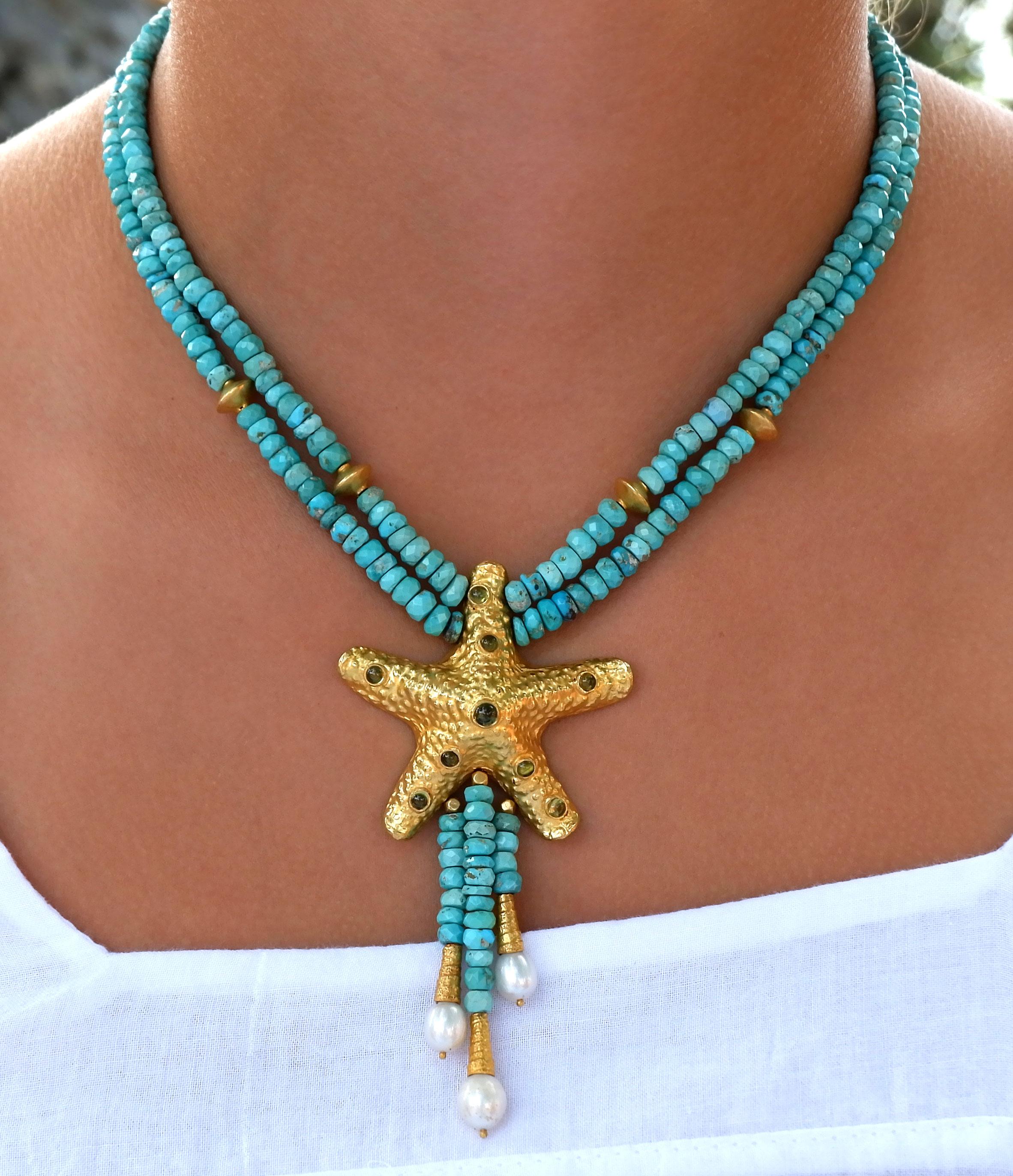 Gorgeous and unique Turquoise starfish necklace: The ideal accessory for a cruise or a tropical island, this necklace can just as easily be worn on the beach as for a gala dinner in the city. Any attire will look interesting and elegant with this
