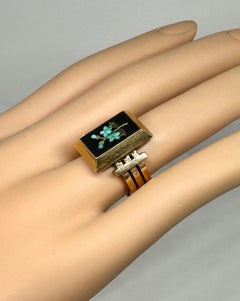 Turquoise Pietra Dura Flower Forget Me Not Ring 14 Karat Gold Antique Victorian