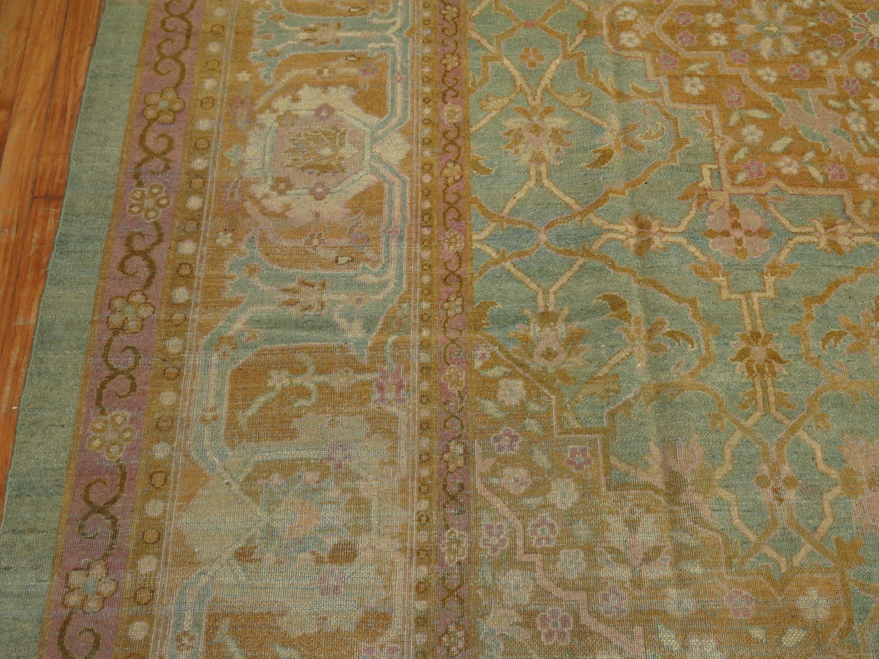 Turquoise Pink Antique Indian Amritsar Room Rug For Sale 2