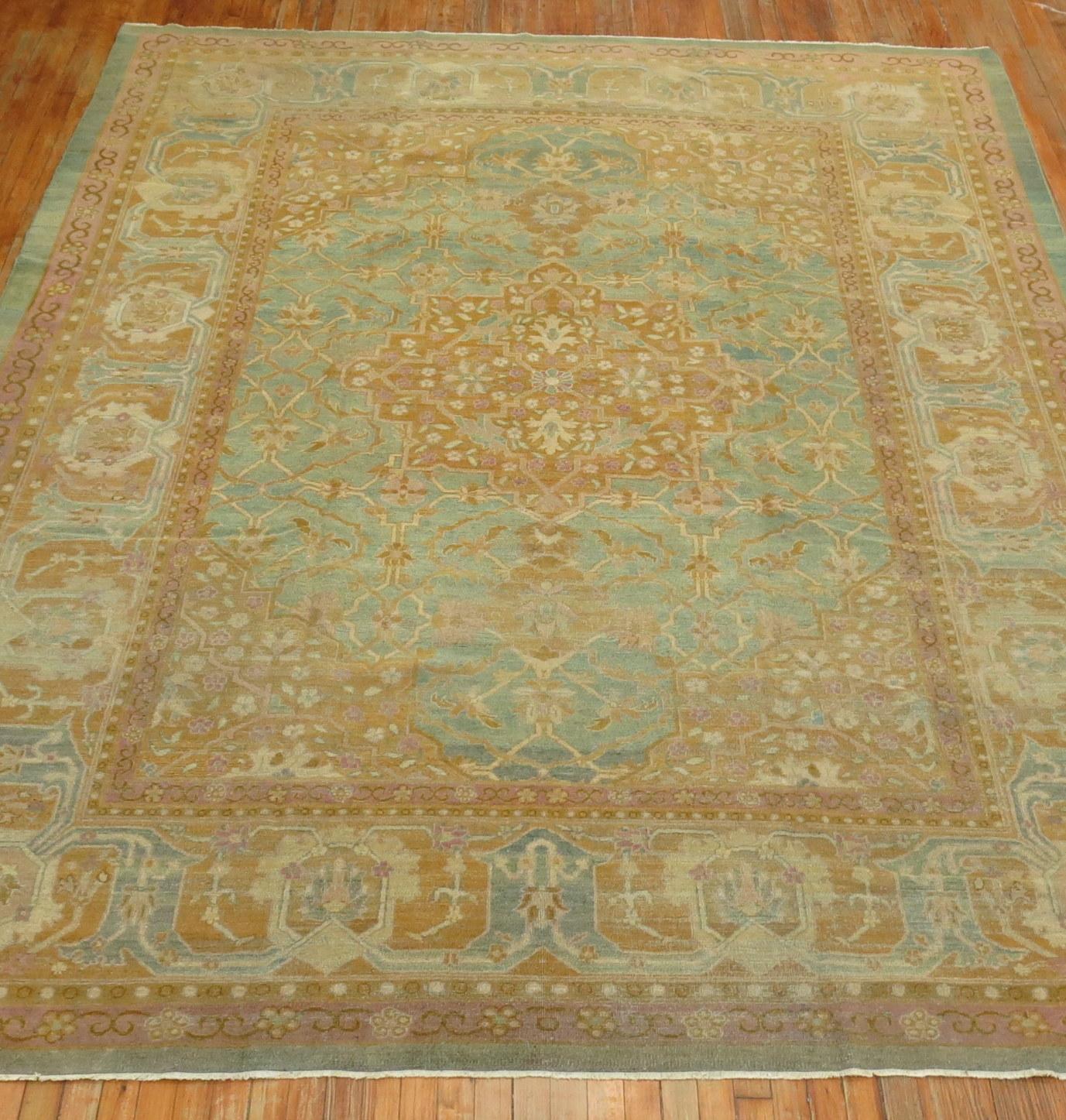 Turquoise Pink Antique Indian Amritsar Room Rug For Sale 4