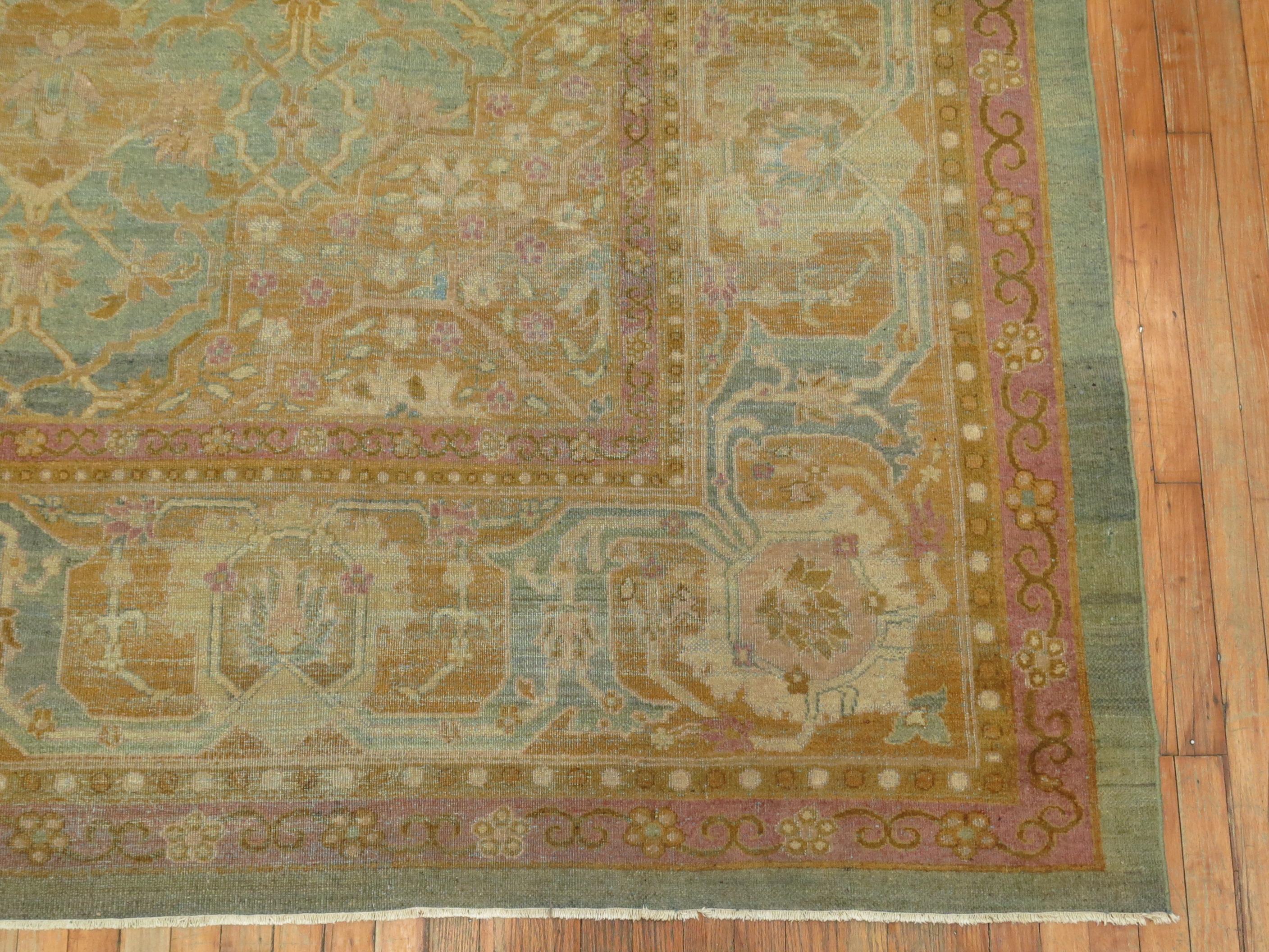 Hand-Woven Turquoise Pink Antique Indian Amritsar Room Rug For Sale