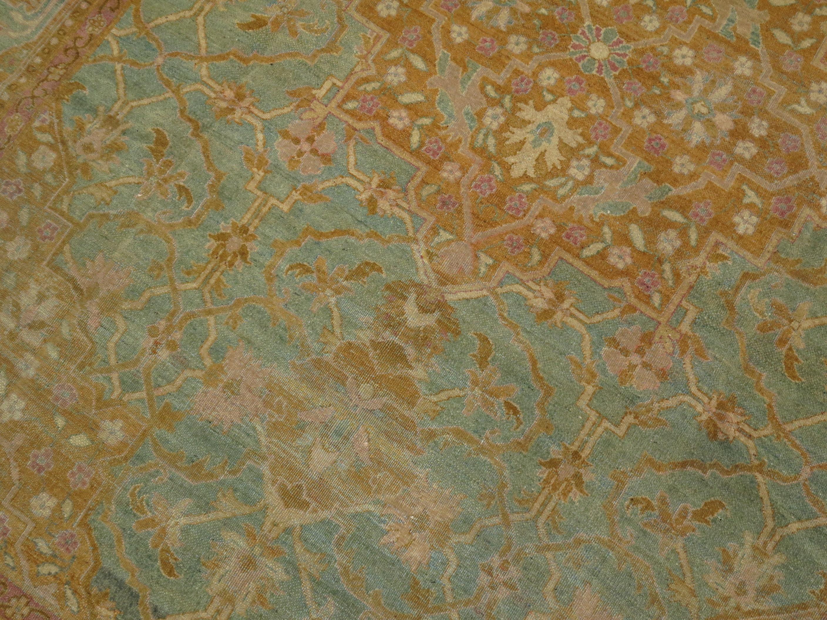 Turquoise Pink Antique Indian Amritsar Room Rug In Good Condition For Sale In New York, NY