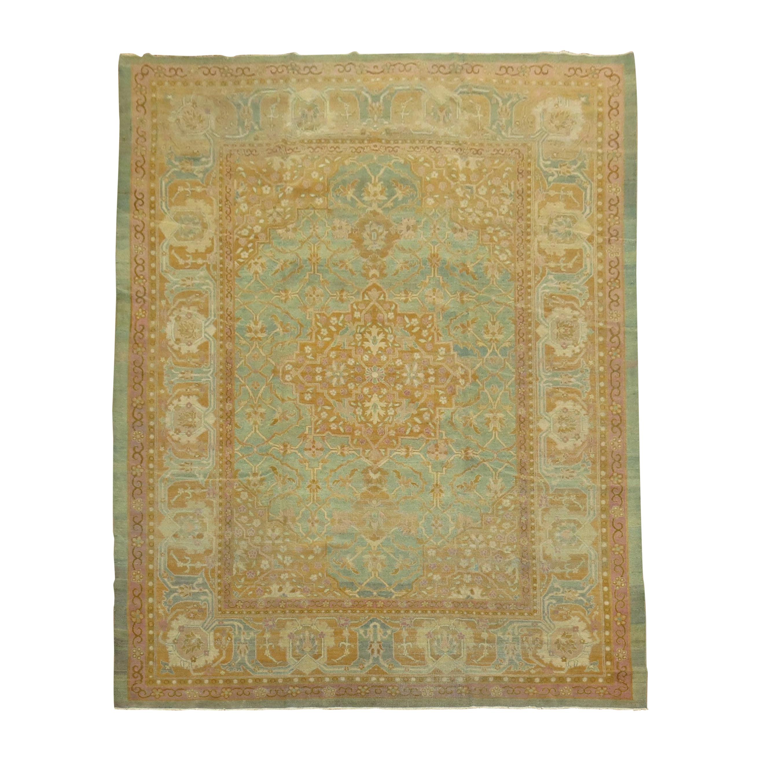 Turquoise Pink Antique Indian Amritsar Room Rug For Sale