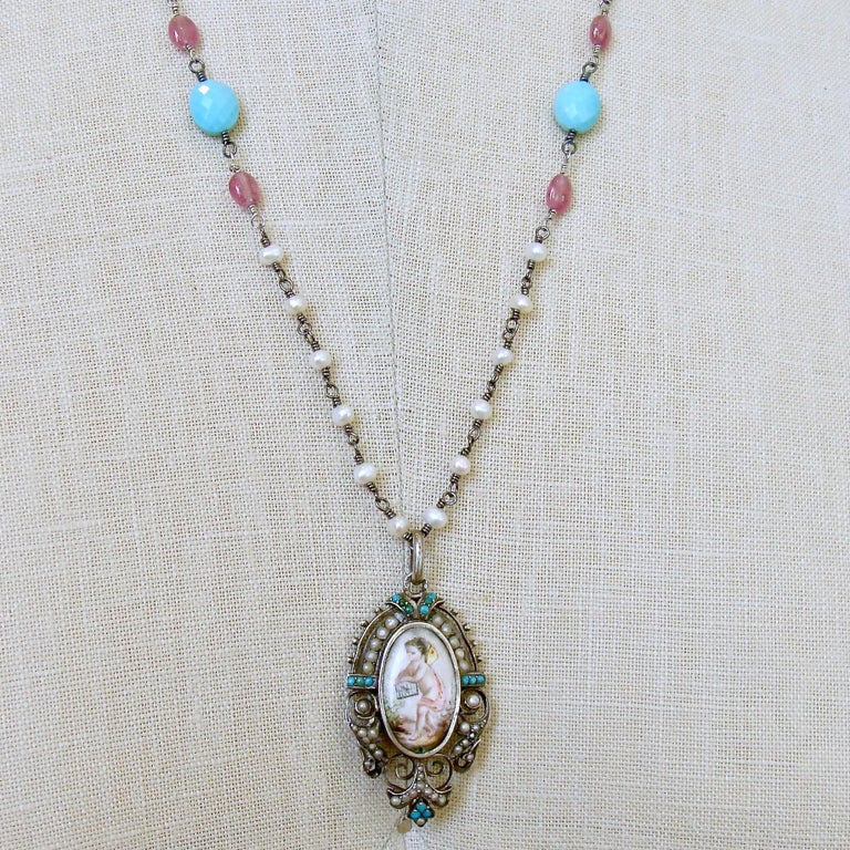 Turquoise Pink Sapphire Pearl Rubies Georgian Porcelain Mourning Locket Necklace For Sale 1