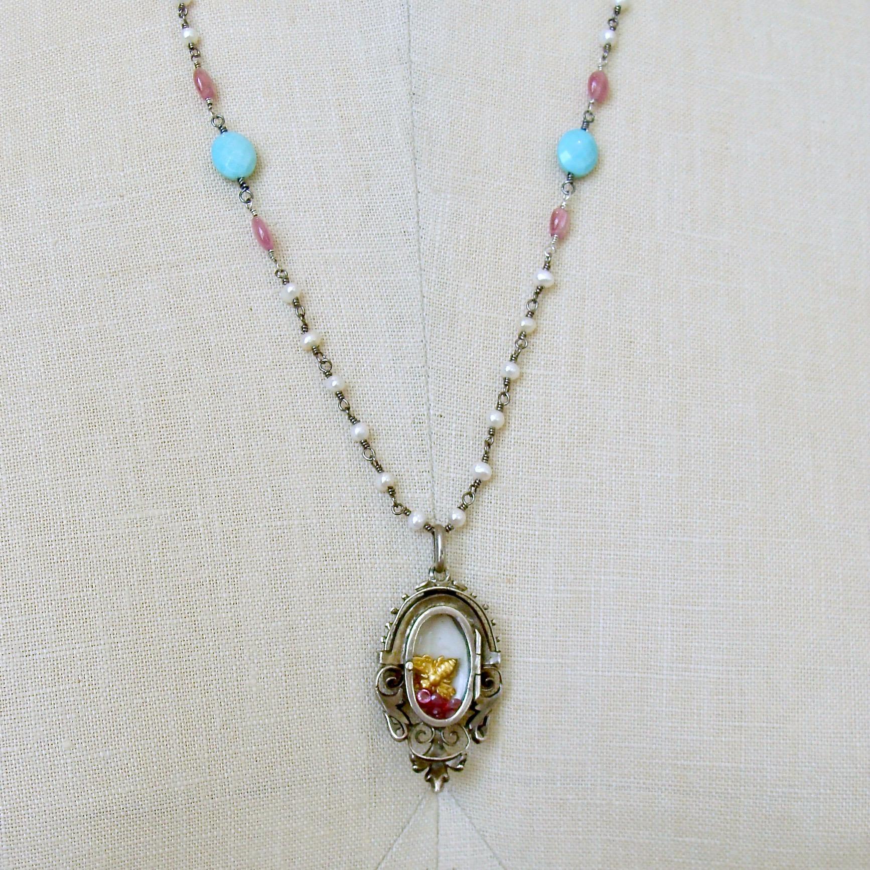 Turquoise Pink Sapphire Pearl Rubies Georgian Porcelain Mourning Locket Necklace For Sale 1