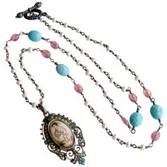 Turquoise Pink Sapphire Pearl Rubies Georgian Porcelain Mourning Locket Necklace