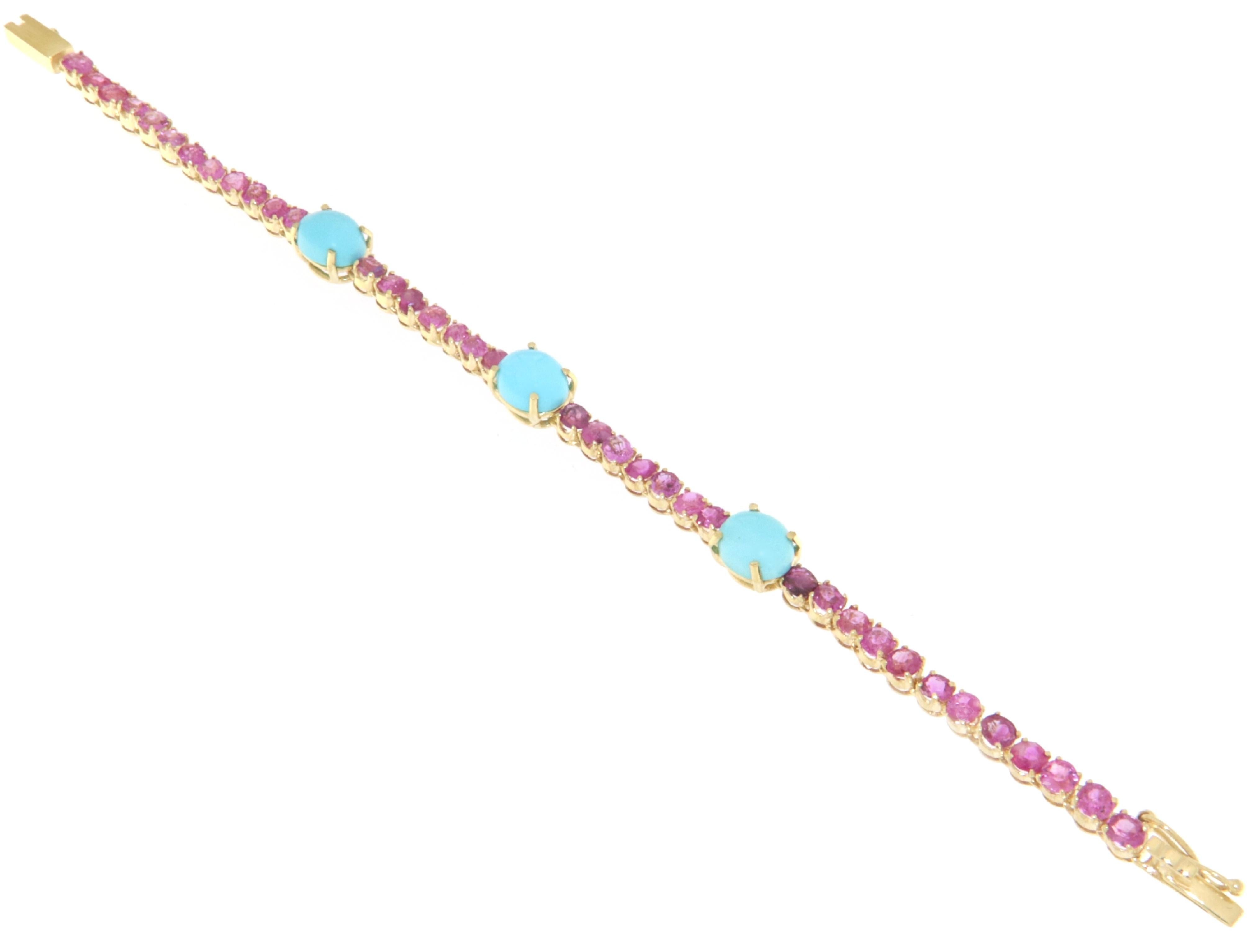 Artisan Turquoise Pink Sapphires 18 Karat Yellow Gold Cuff Bracelet For Sale